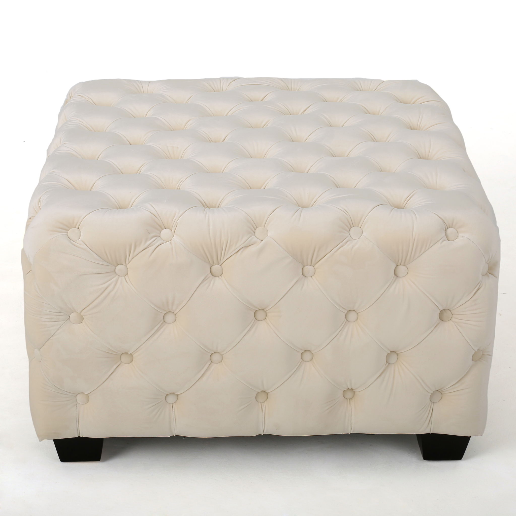 Modern Glam Ottoman With Velvet Upholstery And Button Tufted Design - Ivory