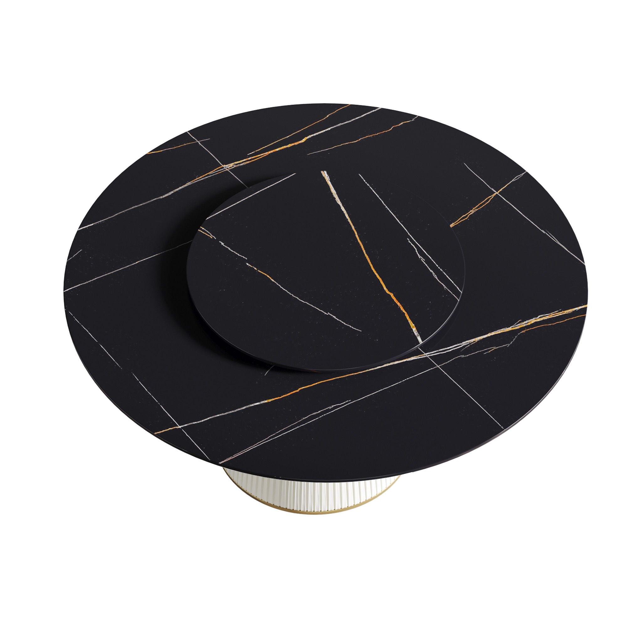 Modern Artificial Stone Round Plywood Base Dining Table, Can Accommodate 8 People Artificial Stone Turntable (Not Including Chairs) - Black / Beige