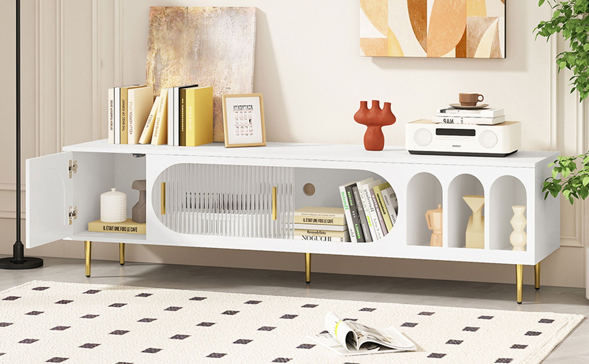 Modern TV Stand With 3 Shelves And 2 Cabinets