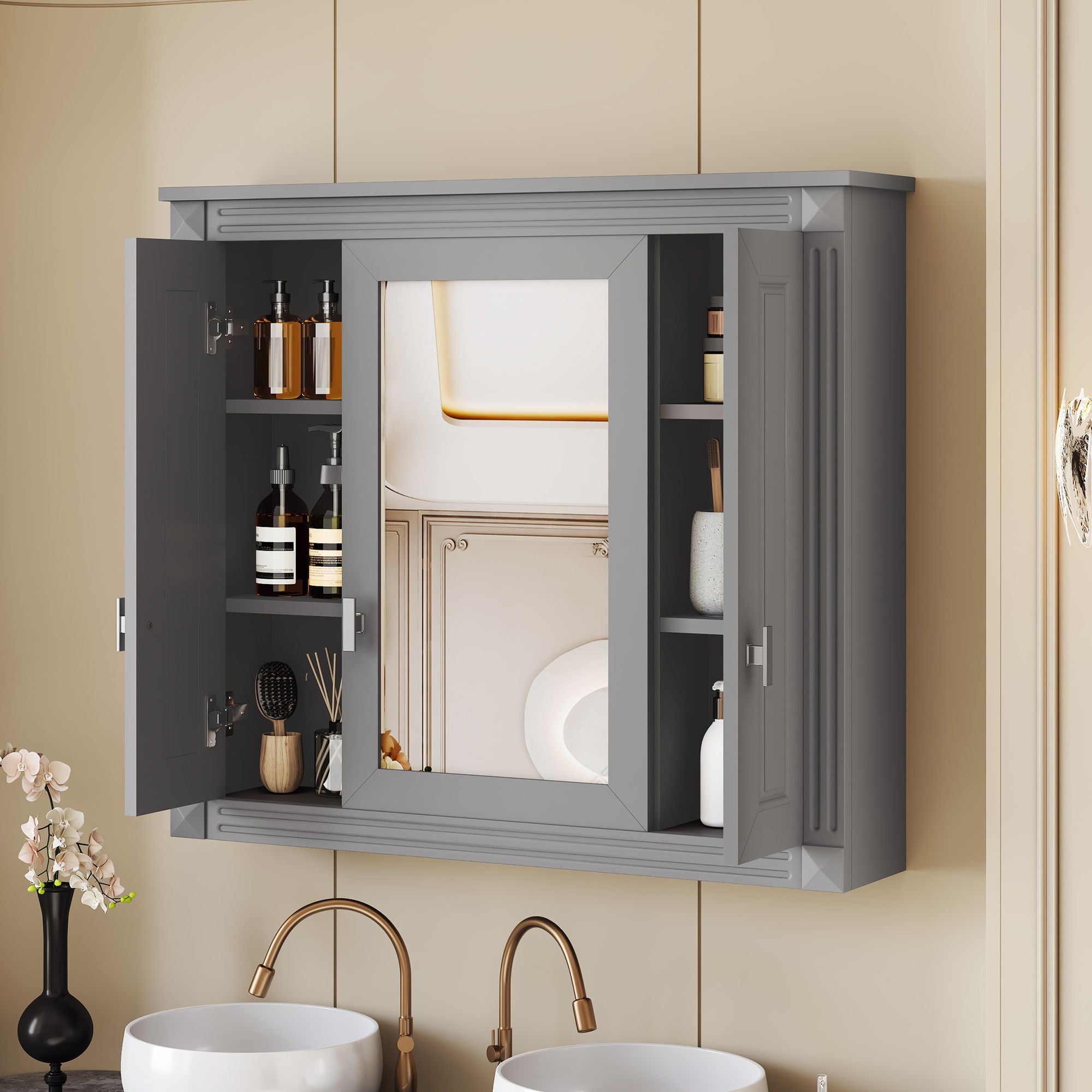 Wall Mounted Bathroom Cabinet With Mirror And 4 Shelves, Rectangular Design - Gray