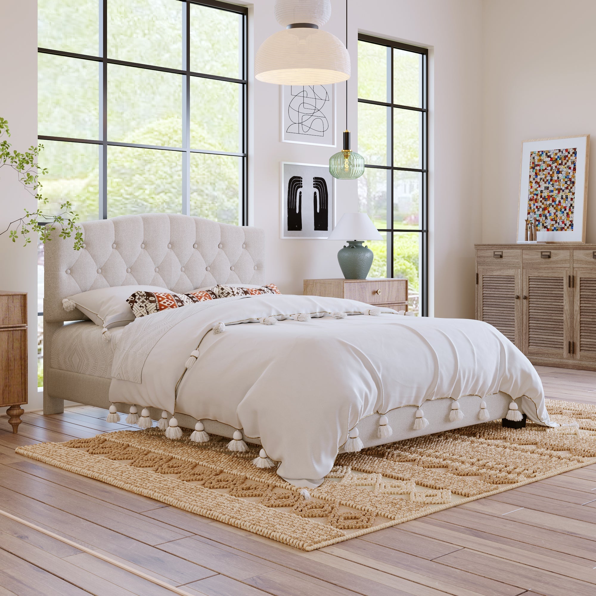 Upholstered Platform Bed with Saddle Curved Adjustable Headboard and Diamond Tufted Details