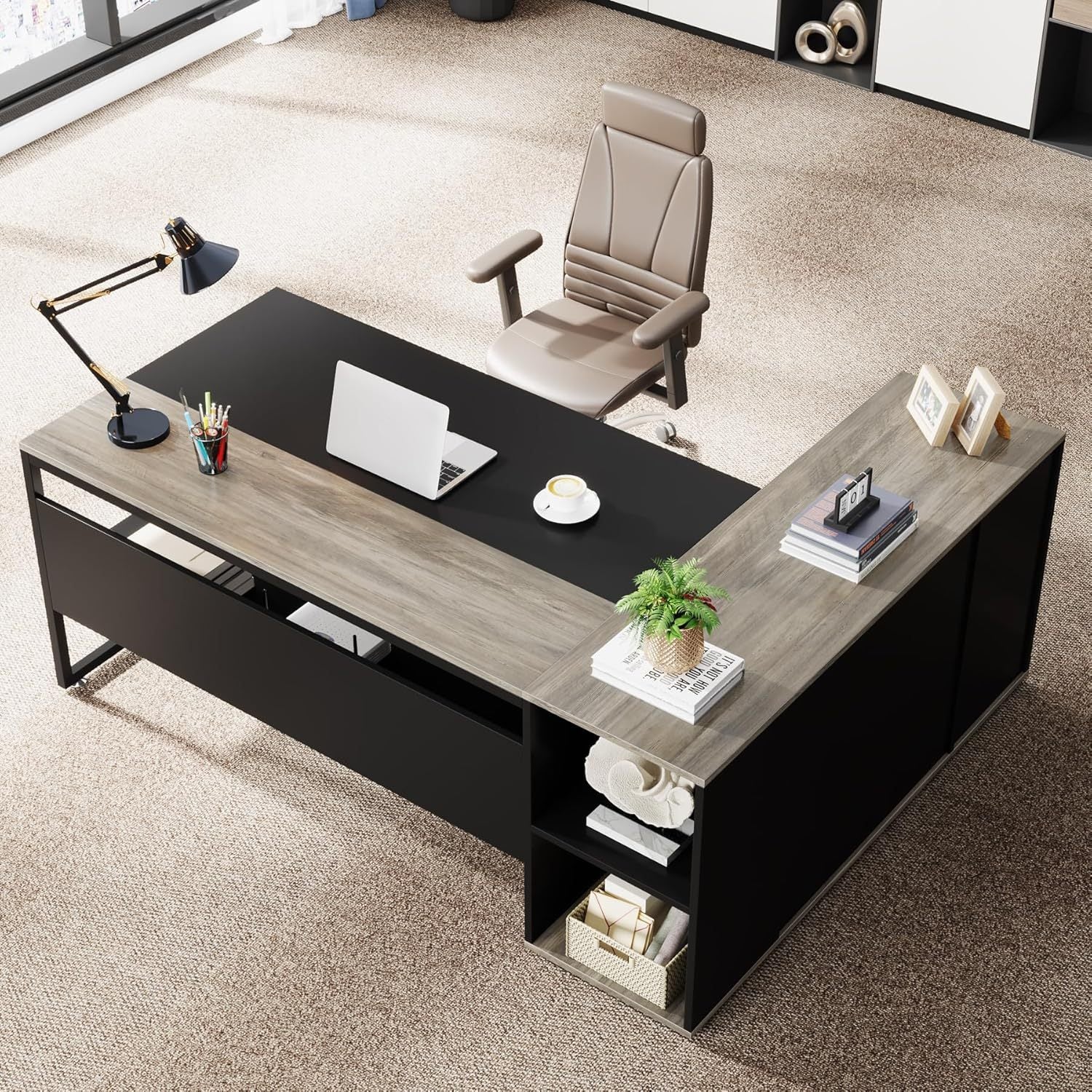 71 inch Executive Desk, L Shaped Desk with Cabinet Storage, Executive Office Table with Shelves, Gray and Black