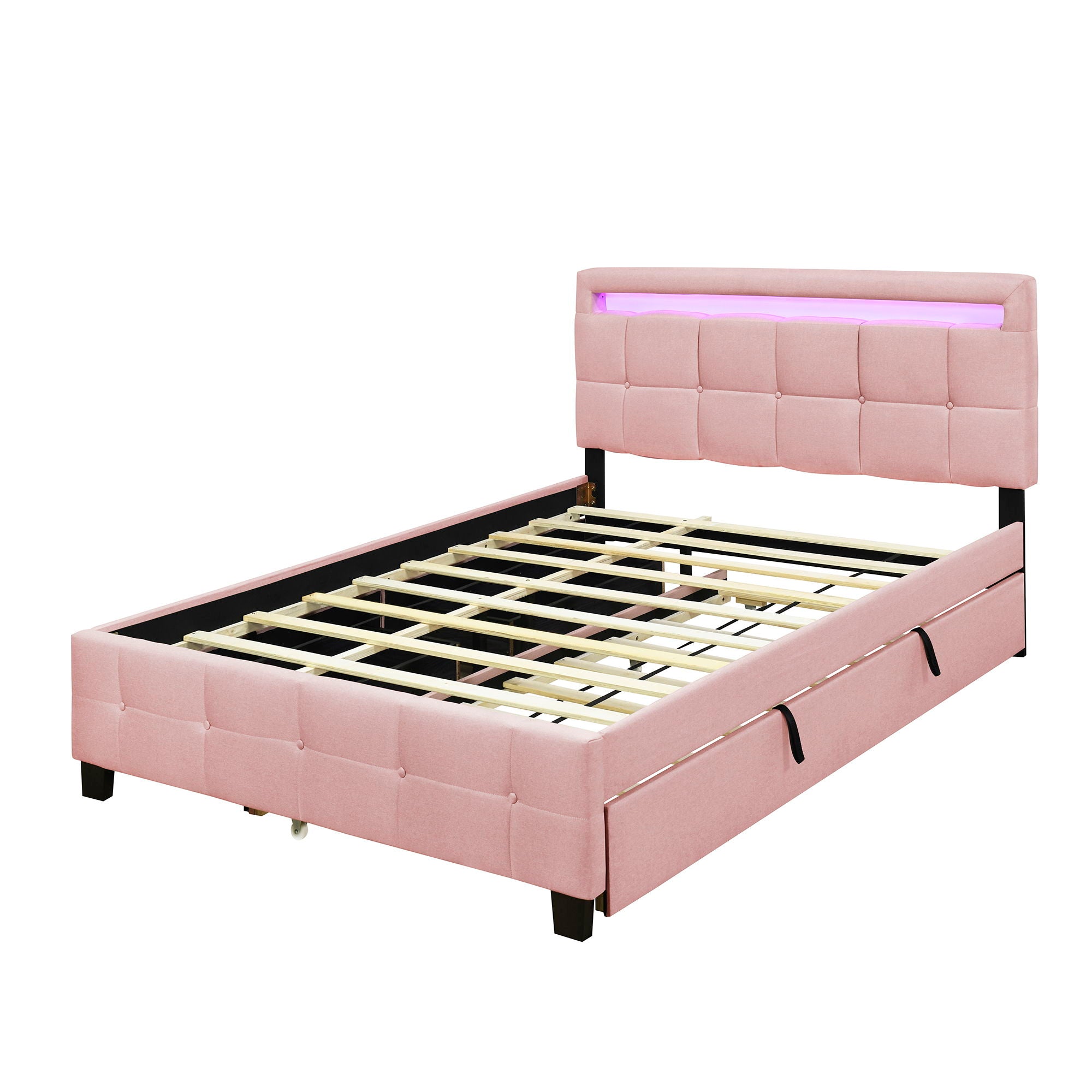 Upholstered Platform Bed With LED Frame, With Trundle And 2 Drawers