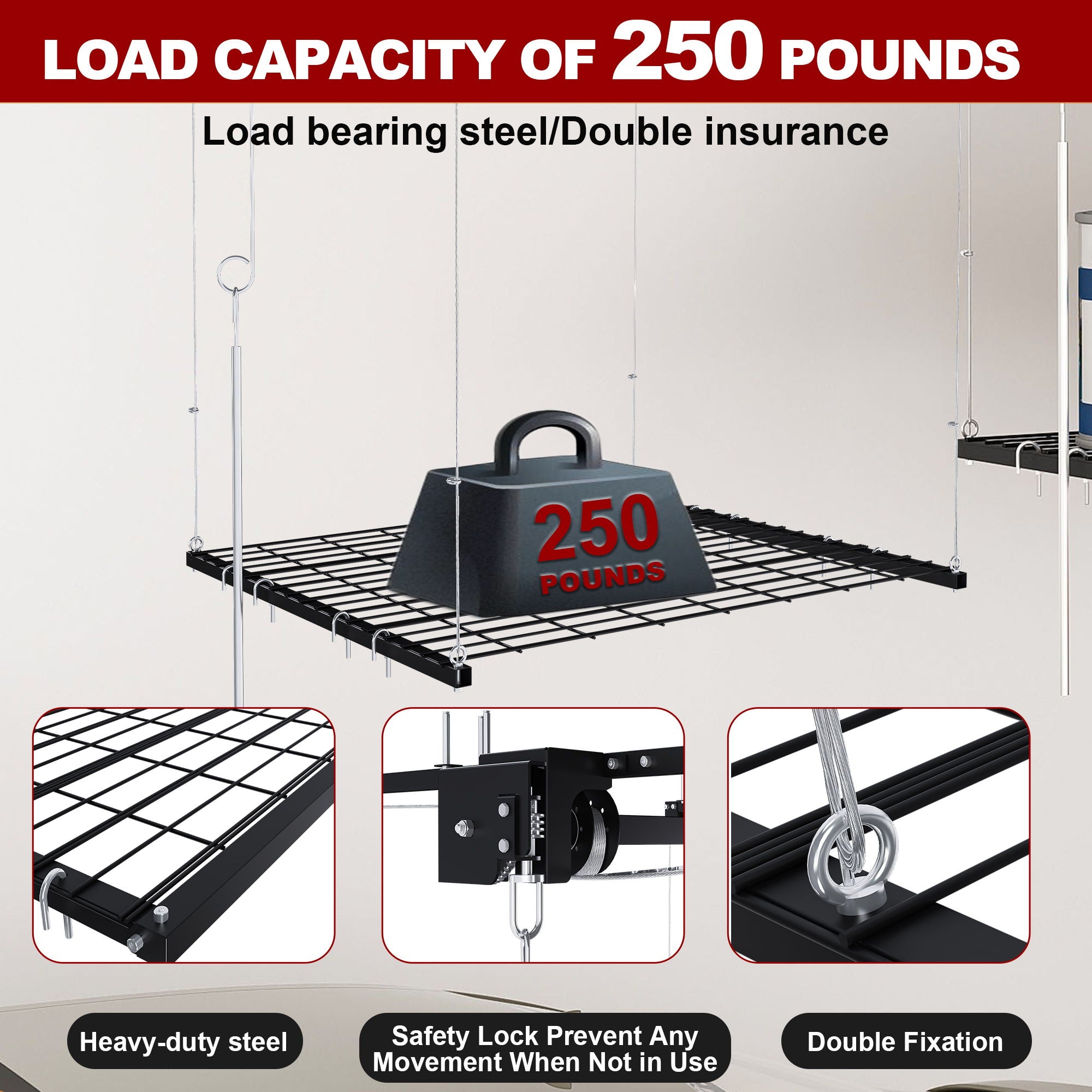 Overhead Garage Storage Rack 4 X 4 Ft For High Ceilings, With Safety Lock - Black