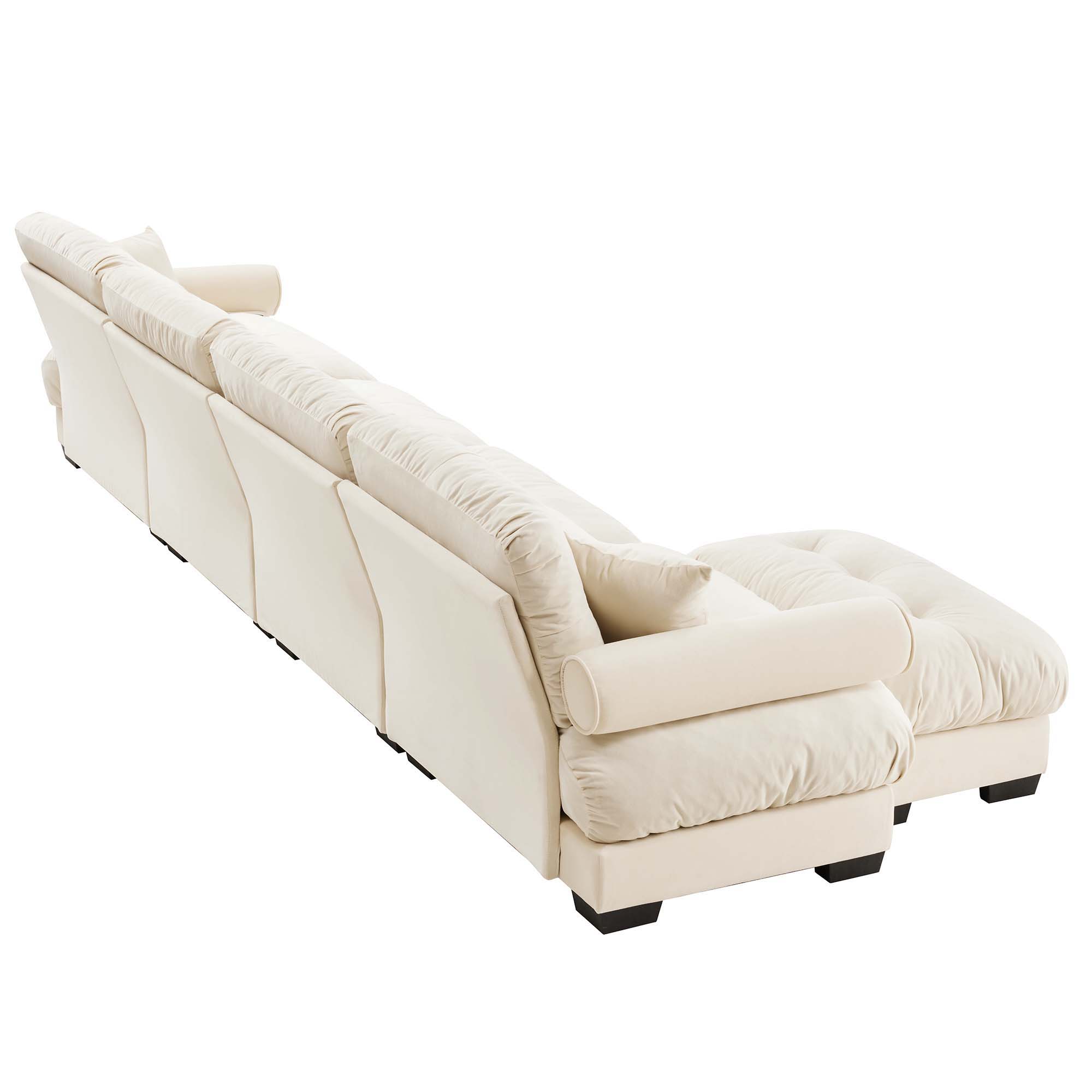 Modern Sectional Sofa With Ottoman, Round Bolster Armrests, Waist And Throw Pillows