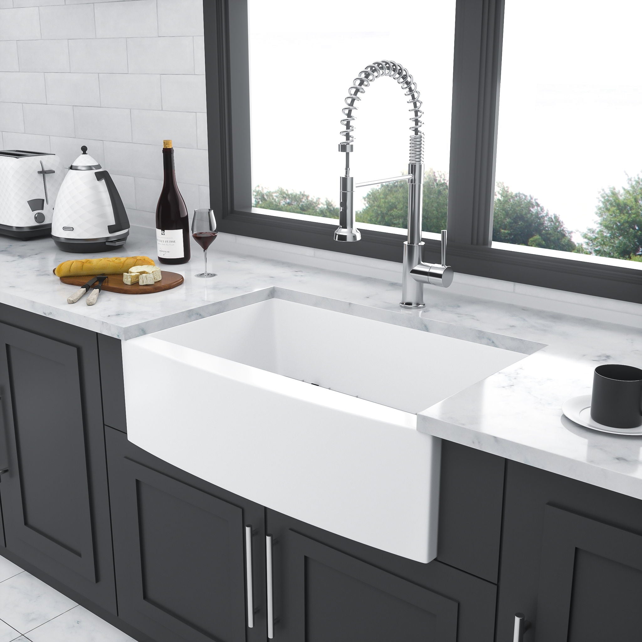 Elegant Farmhouse Sink 33" Ceramic Arch Edge Apron Front Single Bowl - White