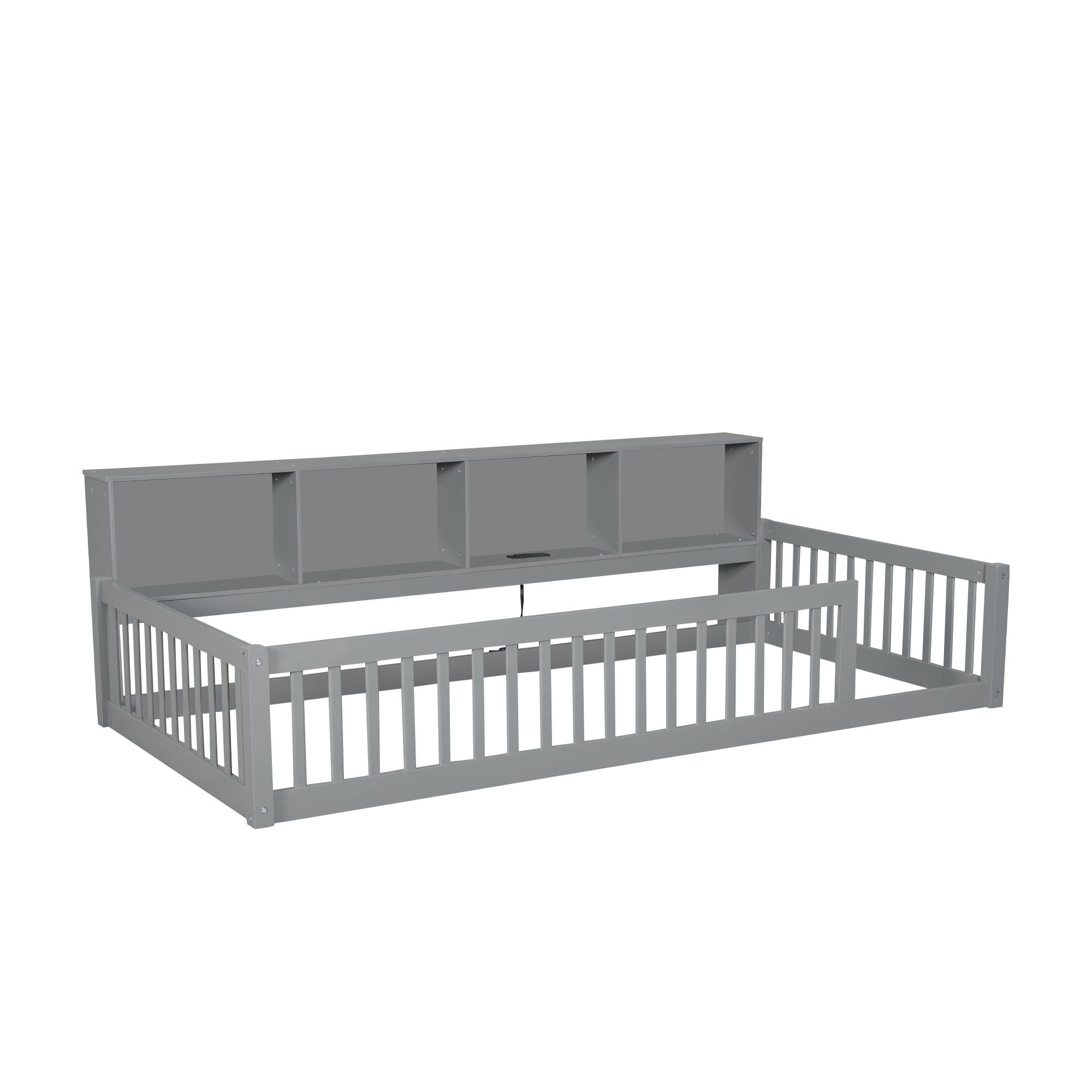 Twin Long Floor Bed With Storage Cabinets And USB Ports - Gray
