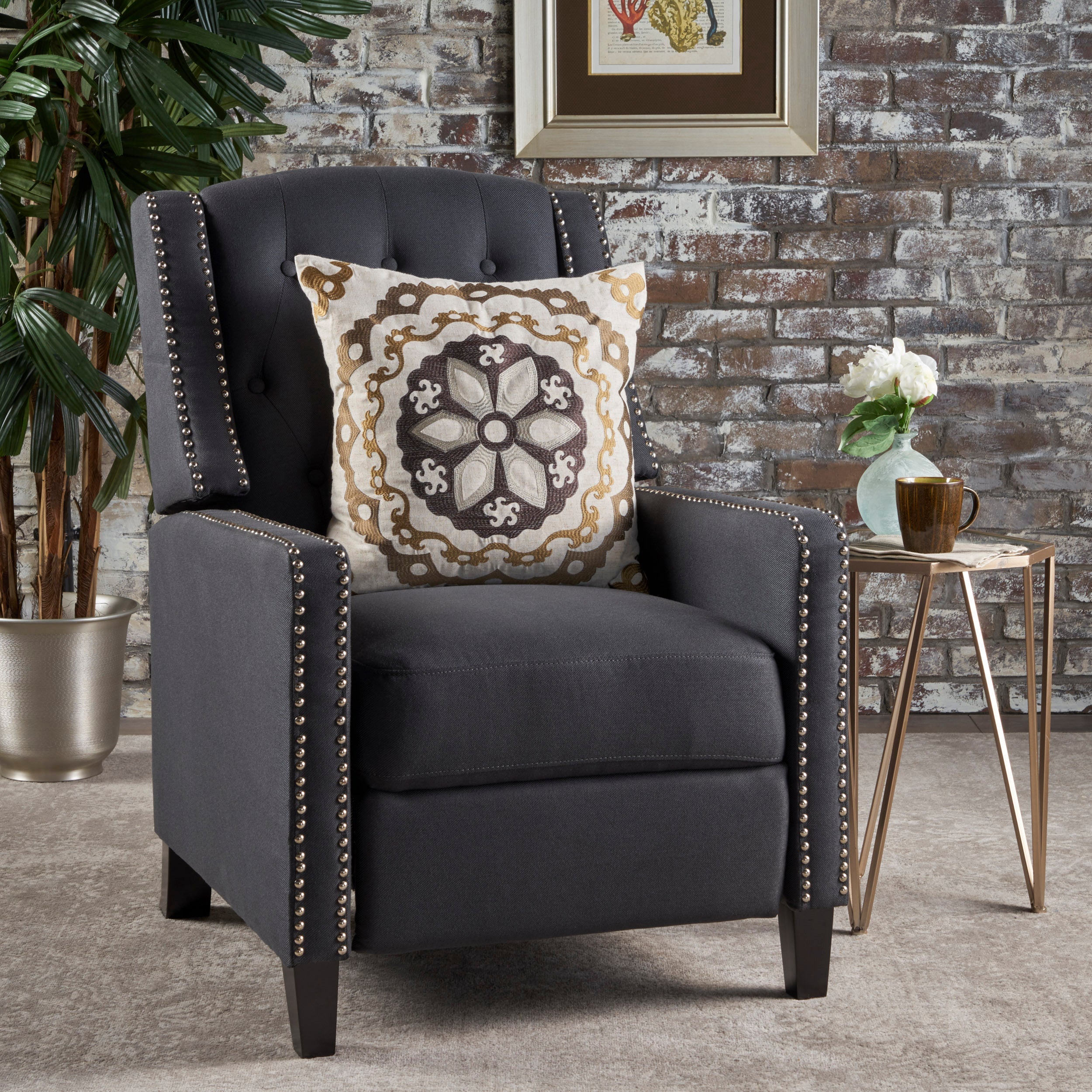 Classic Dark Grey Fabric Push Back Chair with Riveted Armrests