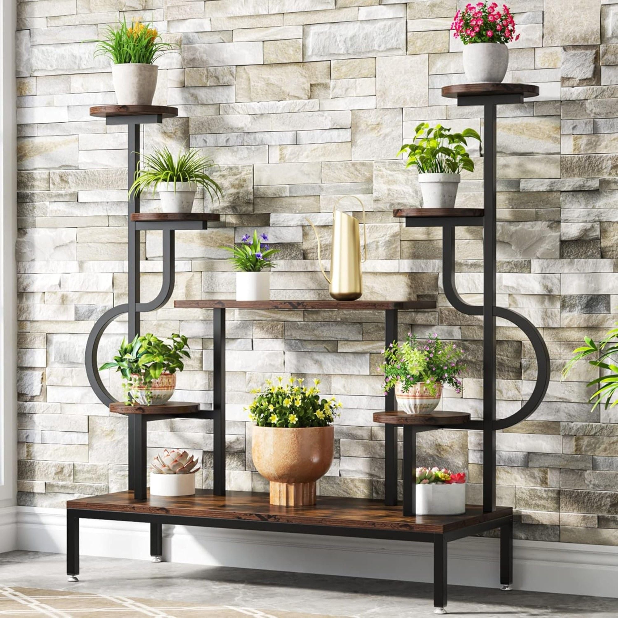 8 Tier Plant Stand With Round And Square Shelves For Living Room, Patio, Balcony & Garden - Brown / Black