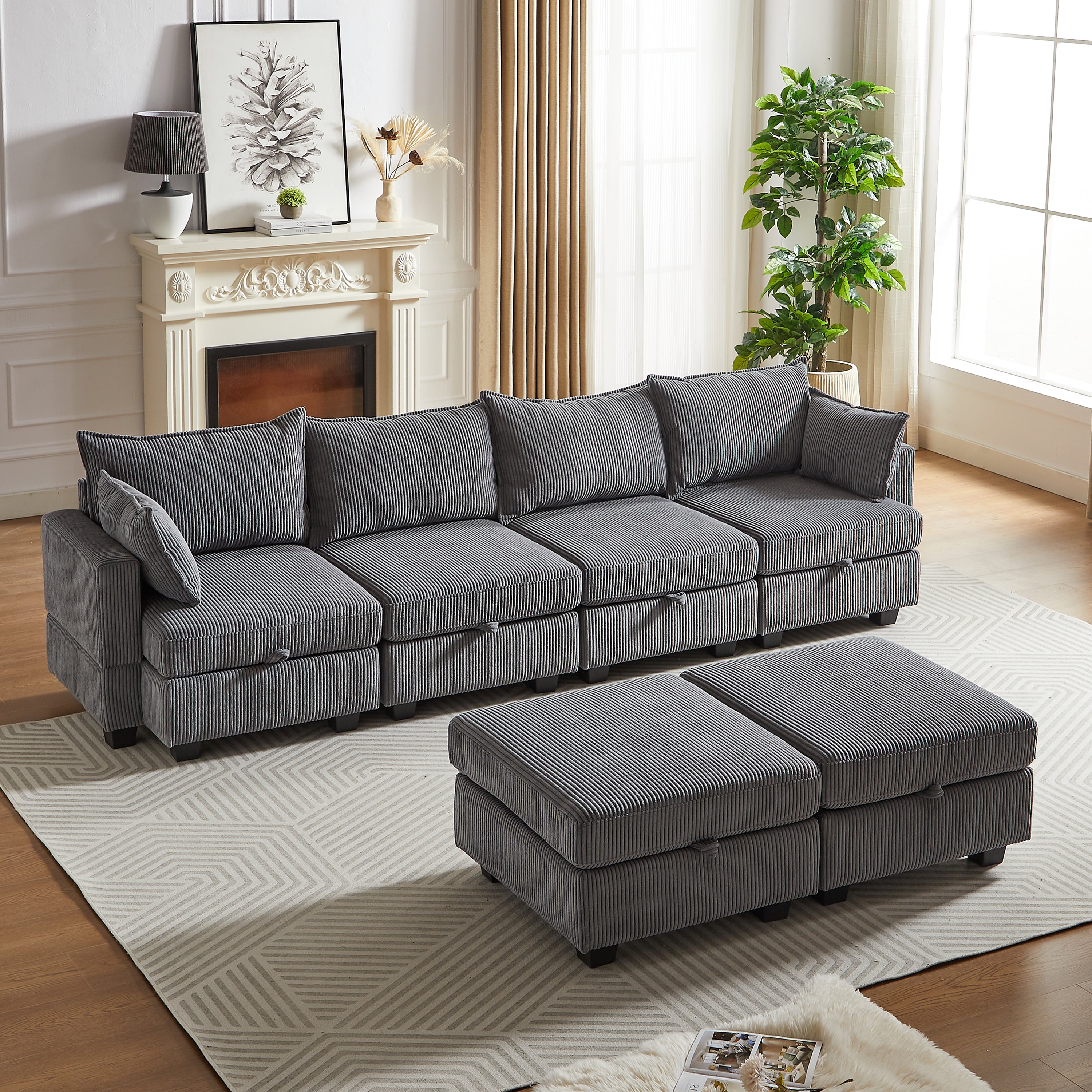 113.5'' Modular Sectional Corduroy Sofa with Storage Ottoman