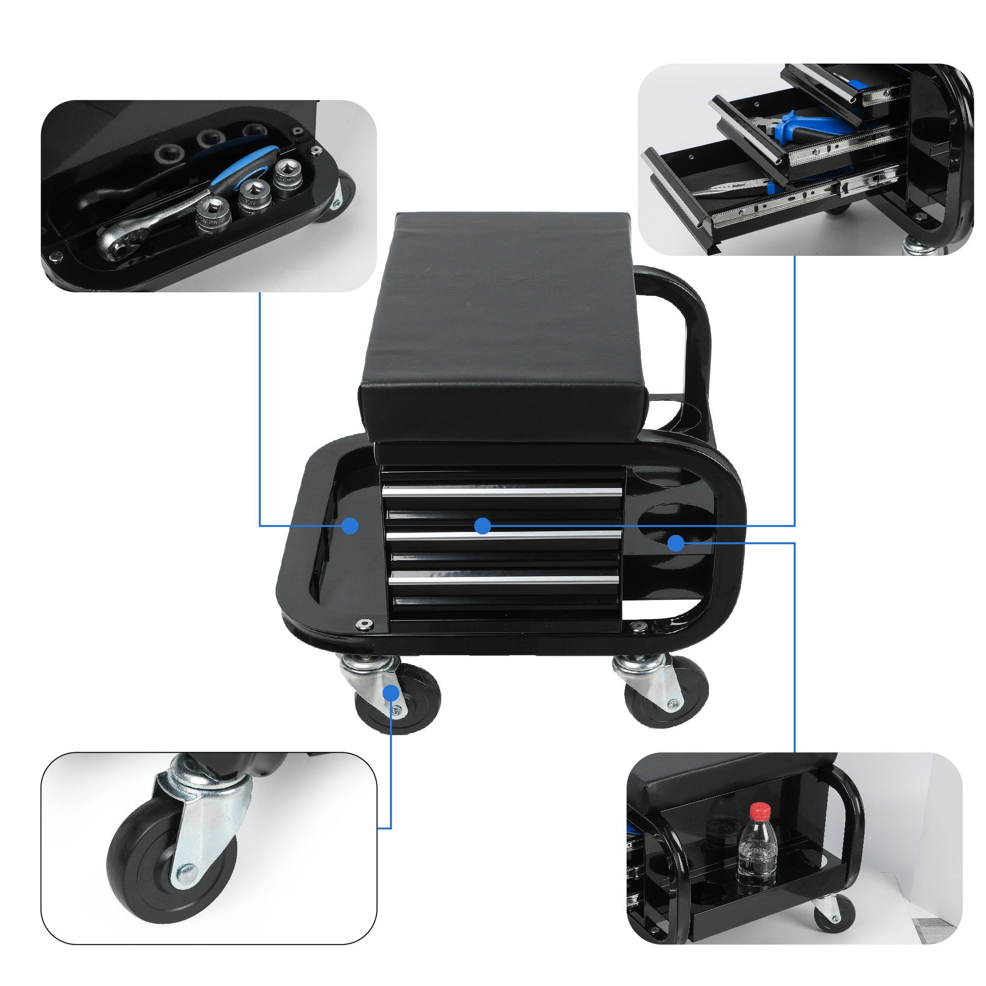 Rolling Creeper Garage Seat With 3 Built In Drawers, Rolling Tool Chest For Shop Or Garage - Black - Best Buy Furniture