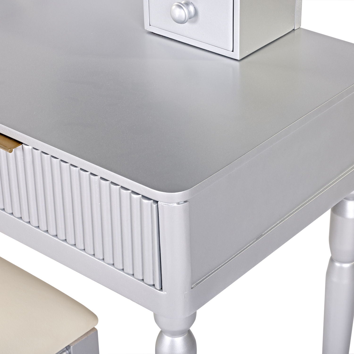 Luxury Vanity Desk With Round Mirror Height Adjustable Dressing Table Set Engineered Wood - Silver - Best Buy Furniture