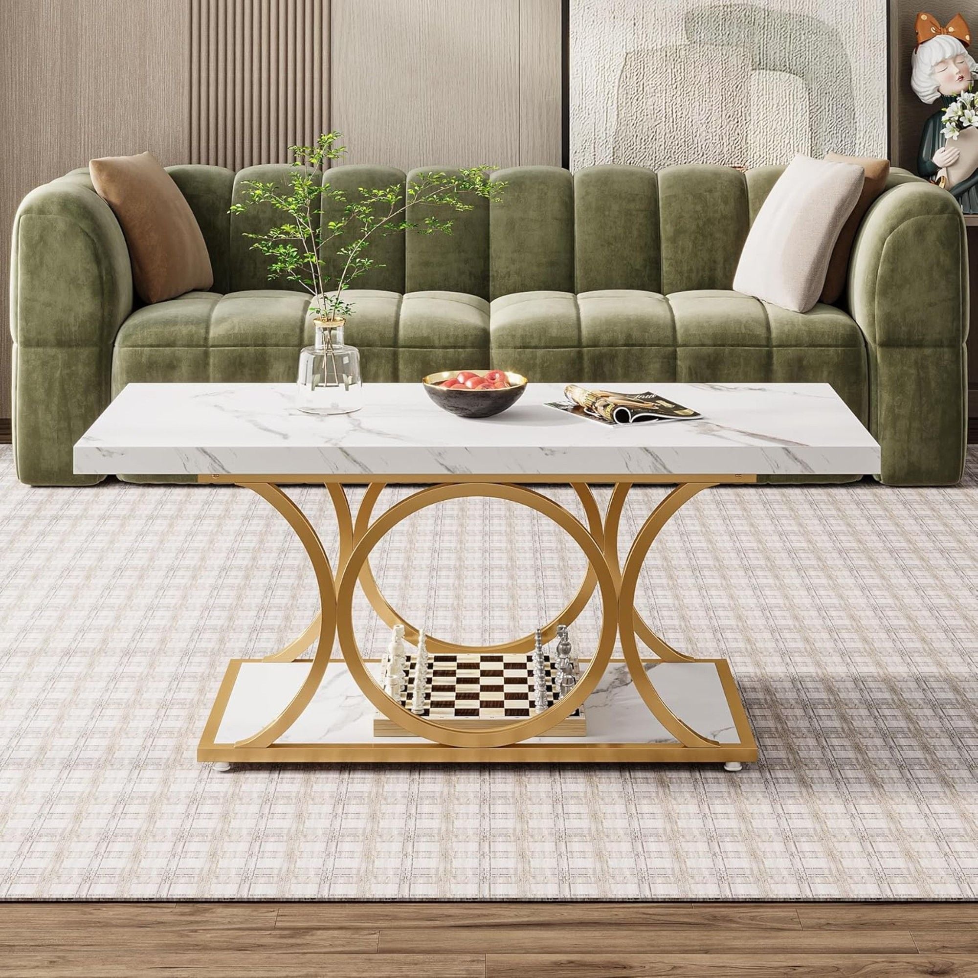 Rectangle Coffee Table, 2 Tier With Geometric Legs, Furniture With Storage Shelf - White / Gold