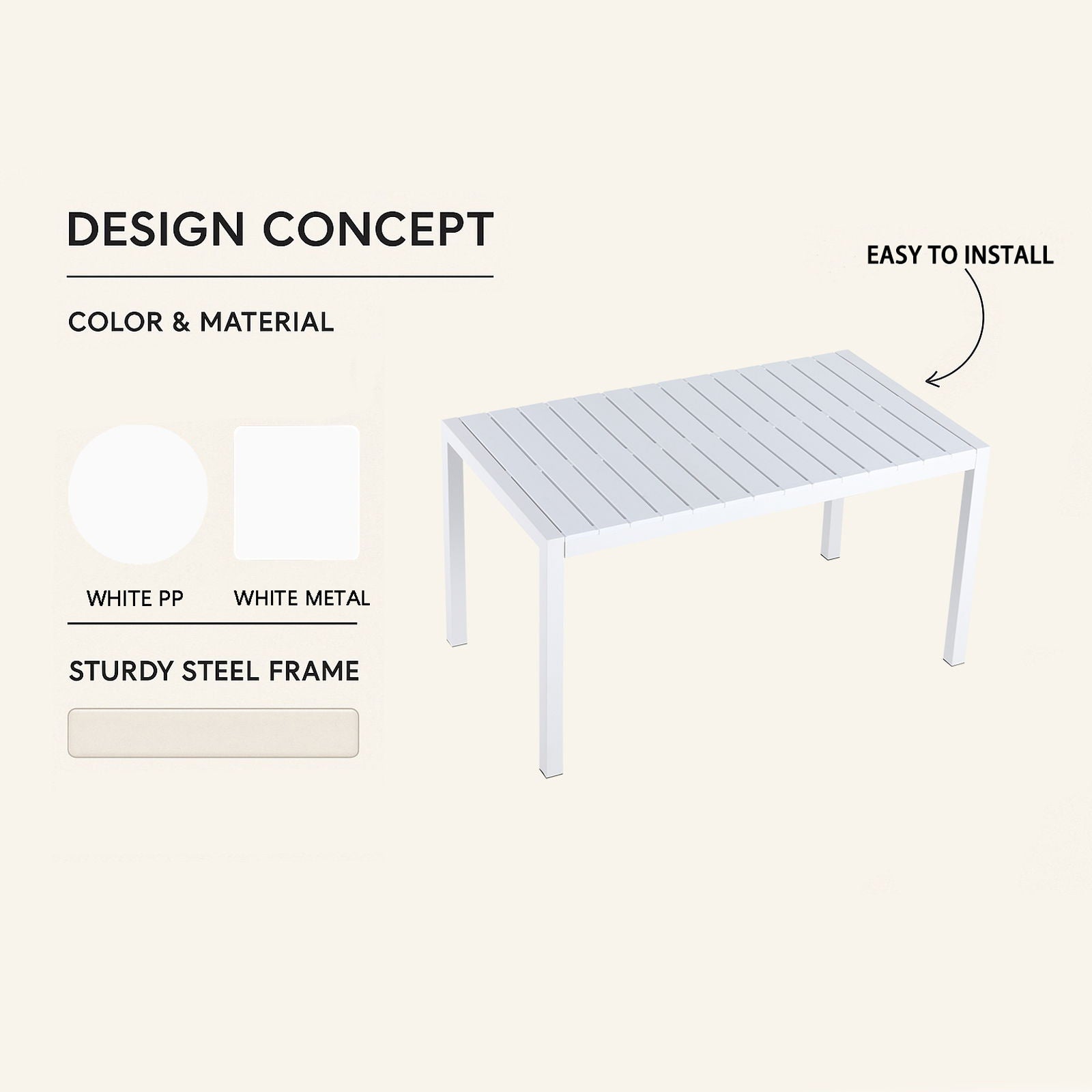 Modern Long Table, UV Resistant And Rust Proof, Pp Tabletop, UV Resistant Powder Coated Metal Legs - Snow White