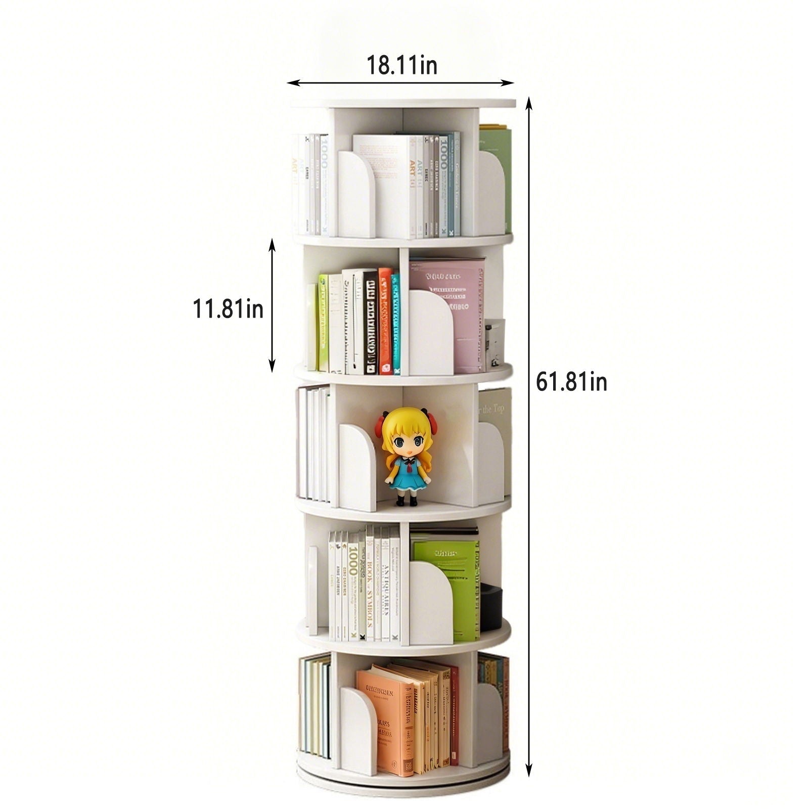 5 Tier Rotating Bookshelf, 360° Spinning Design, Space Saving Storage, For Home And Office - White