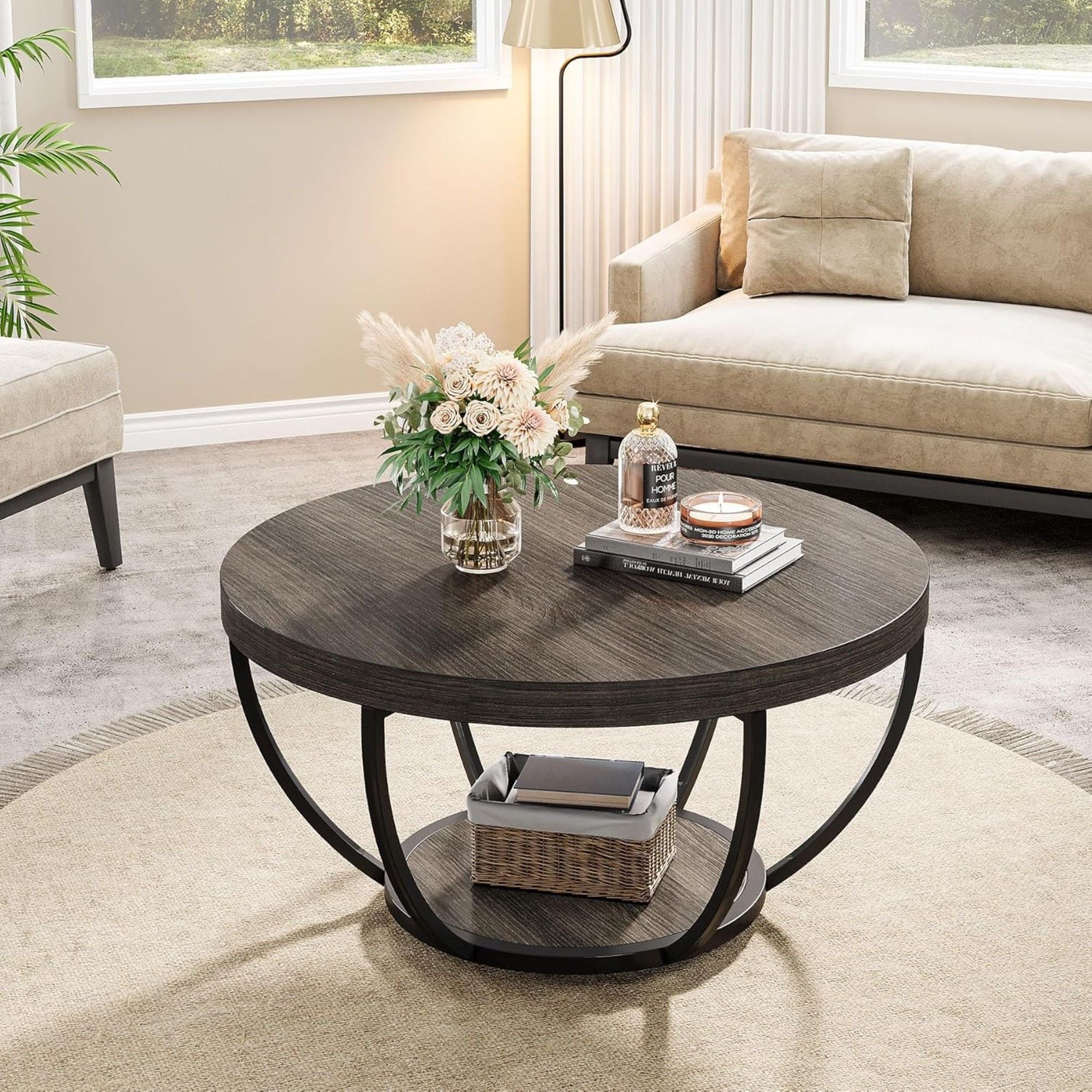 2 Tier Circle Coffee Table With Storage Shelves
