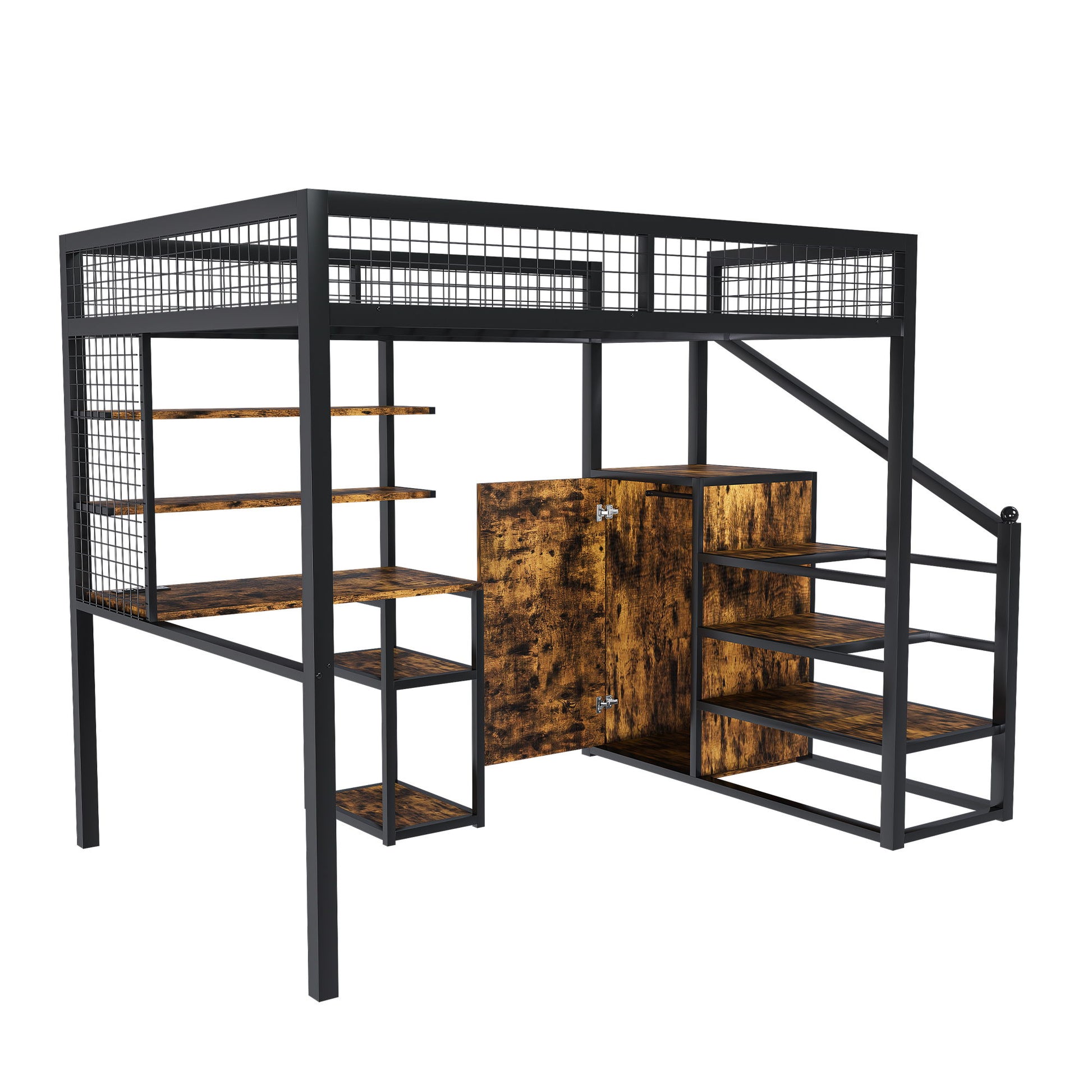 Full Size Loft Bed With Desk & Wardrobe Heavy Frame, Built In Staircase, Storage Rack & Shelves Gaming Bed - Black - Best Buy Furniture