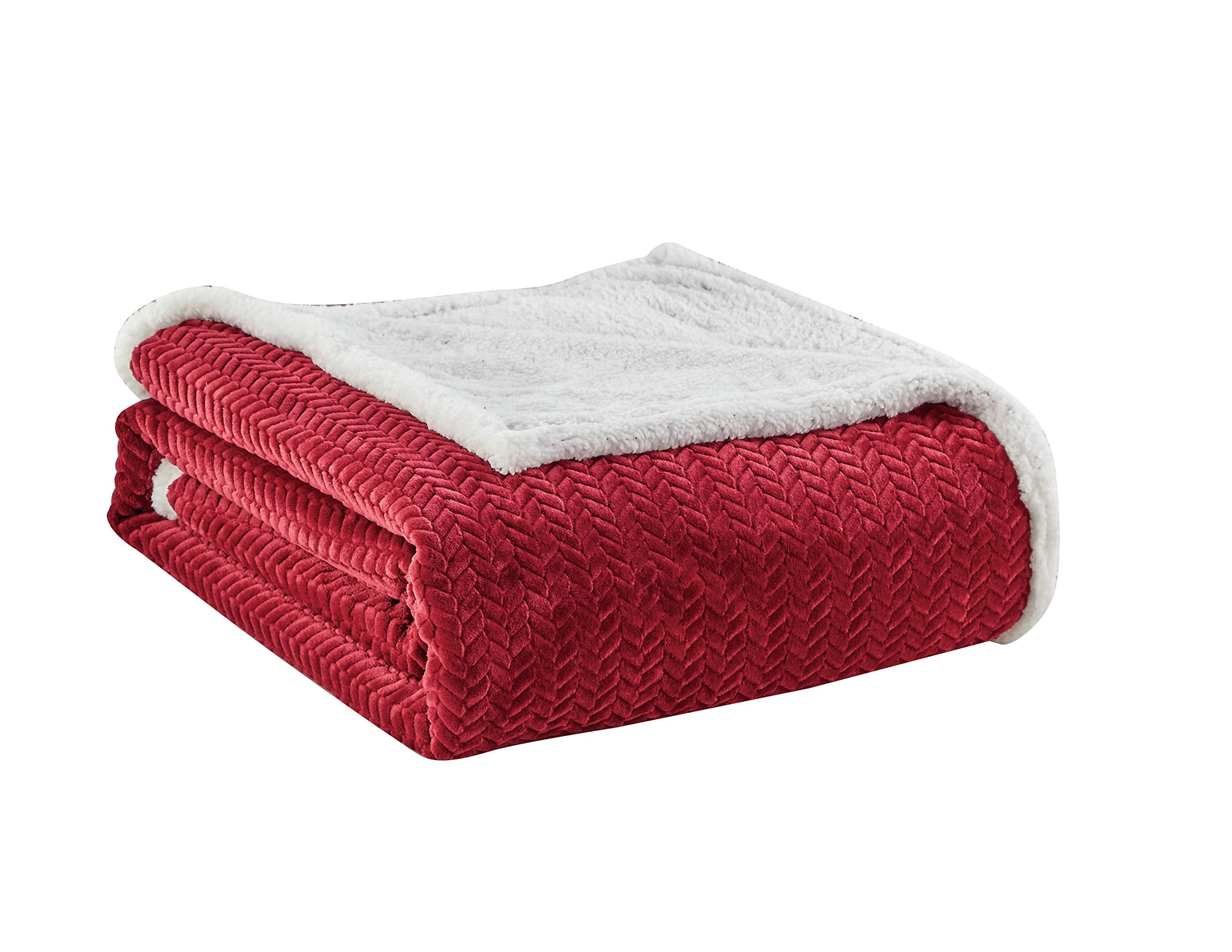 Decor&More HomeEssentials Extra Heavy and Plush Chevron Braided King Size Microplush Jacquard Blanket with Sherpa Backing (108" x 90") - Burgundy - Best Buy Furniture