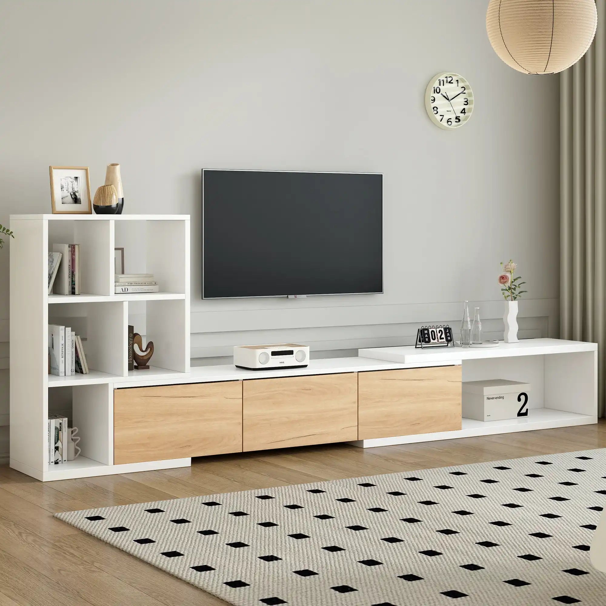 Extendable TV Stand with Bookshelves, White Finish, for TVs Up to 110"