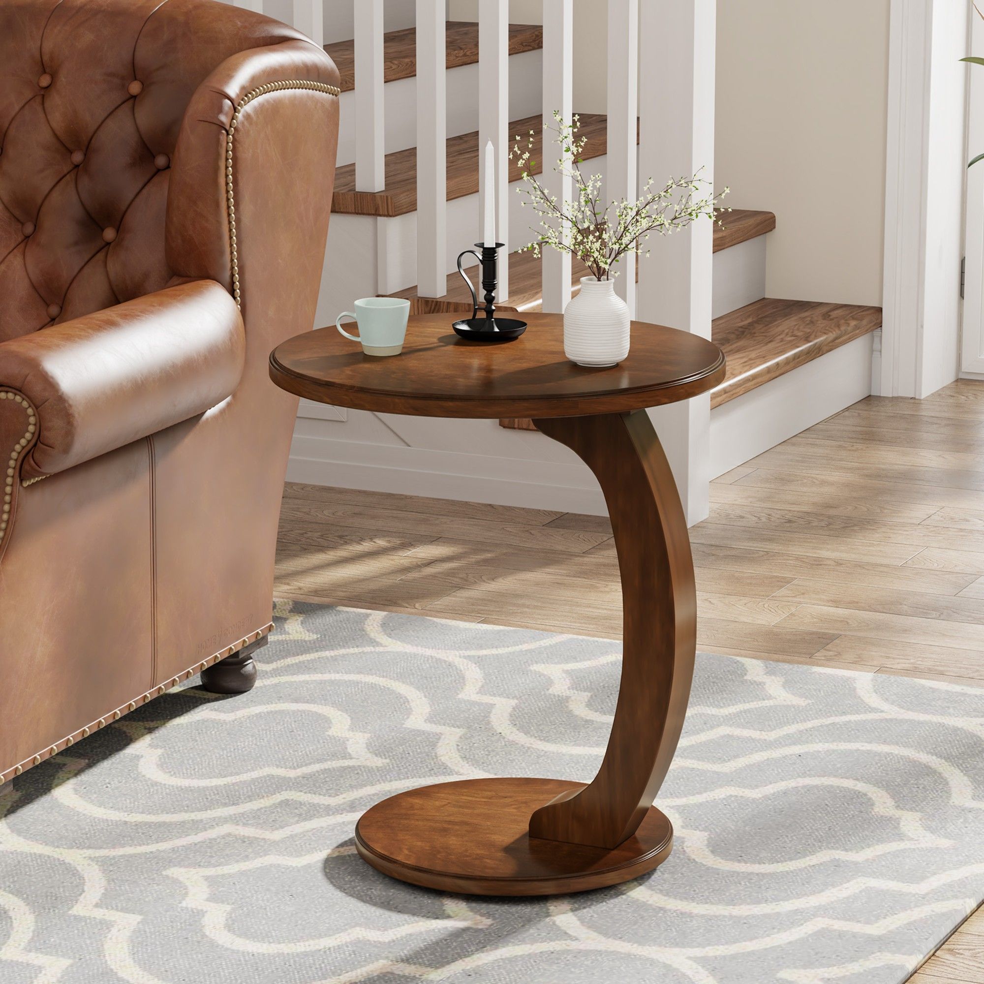 C-Shaped Round End Table - Brown