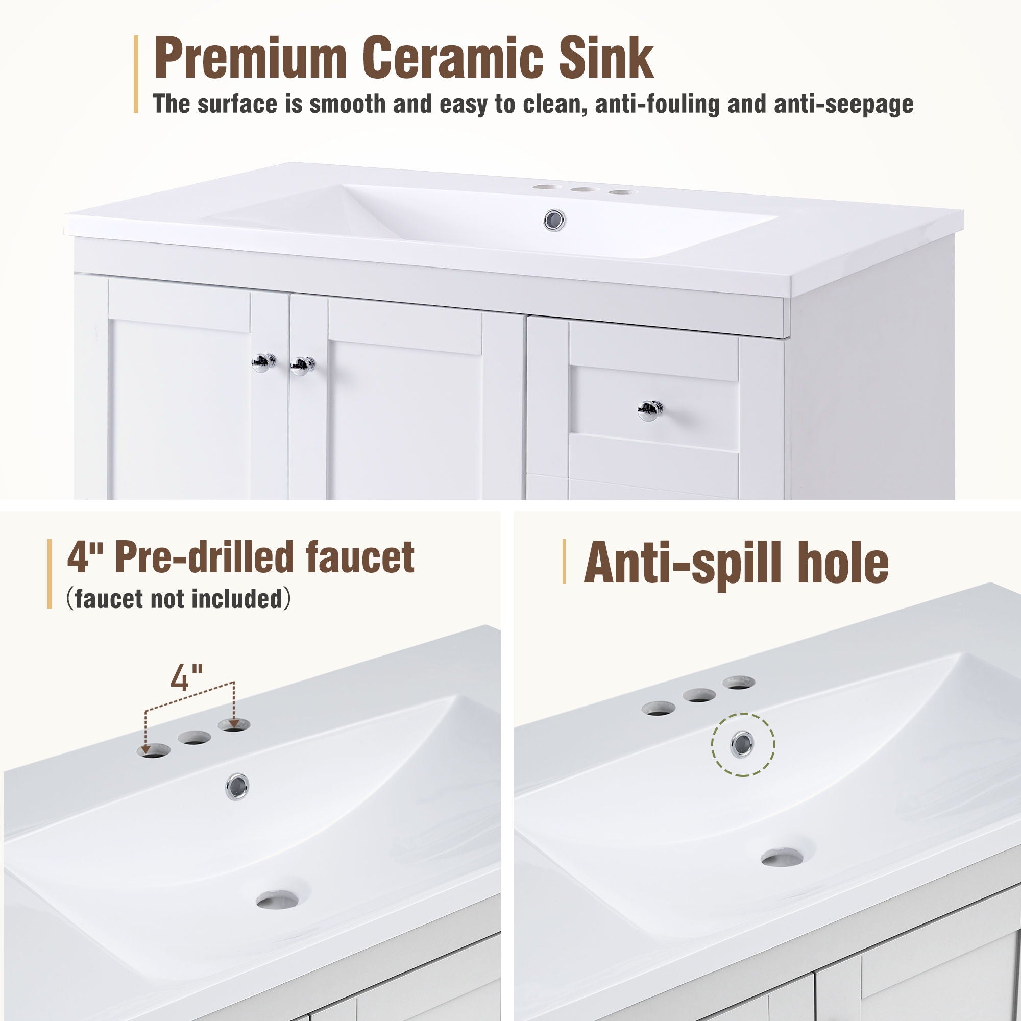 Shaker Free Standing Bathroom Vanity Cabinet With Sink, Soft Close Drawers, Soft Close Doors