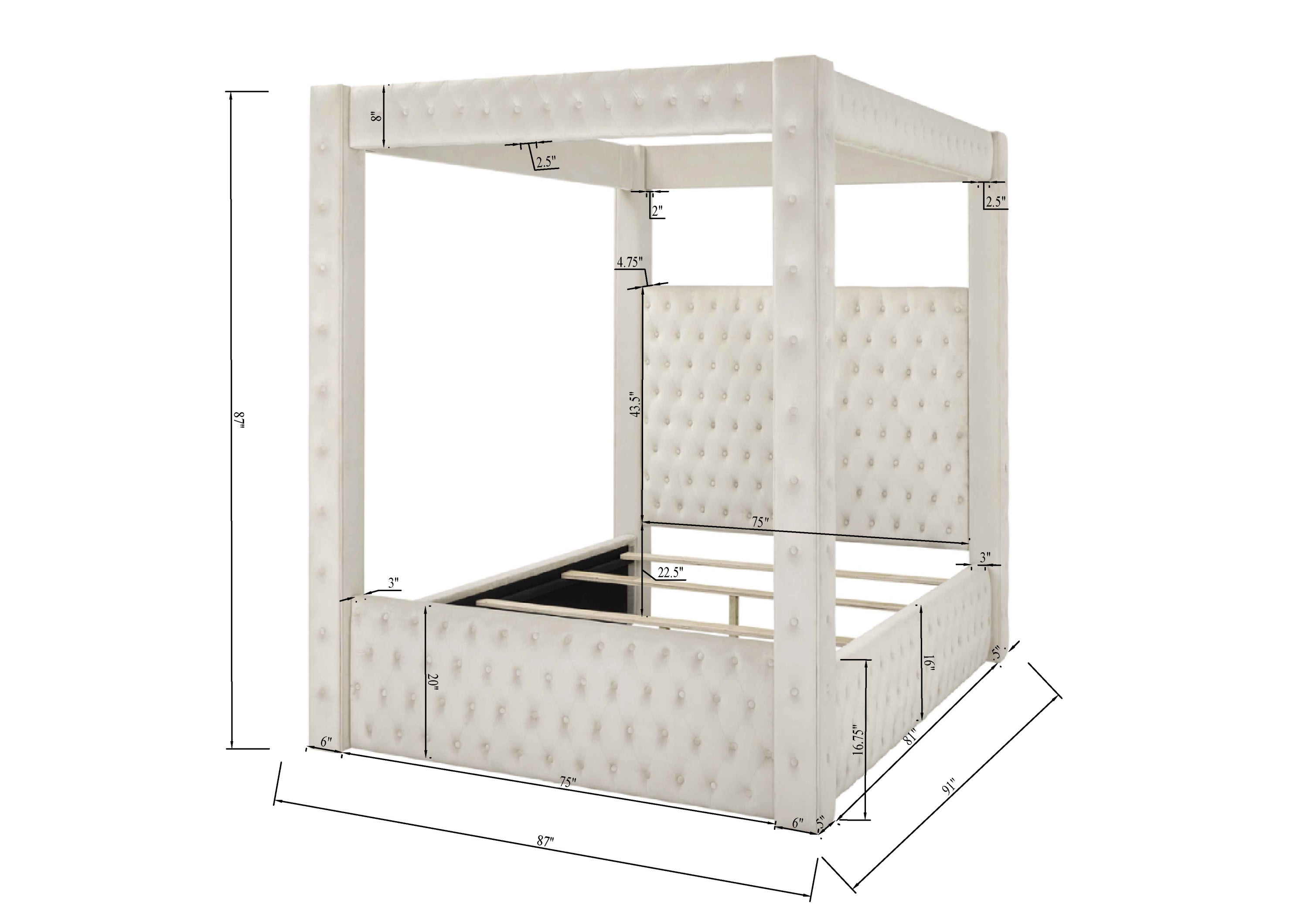 Modern Four-poster King Bed with Tufted Headboard and Footboard in Black Rich Velvet Fabric, Solid Wood Frame