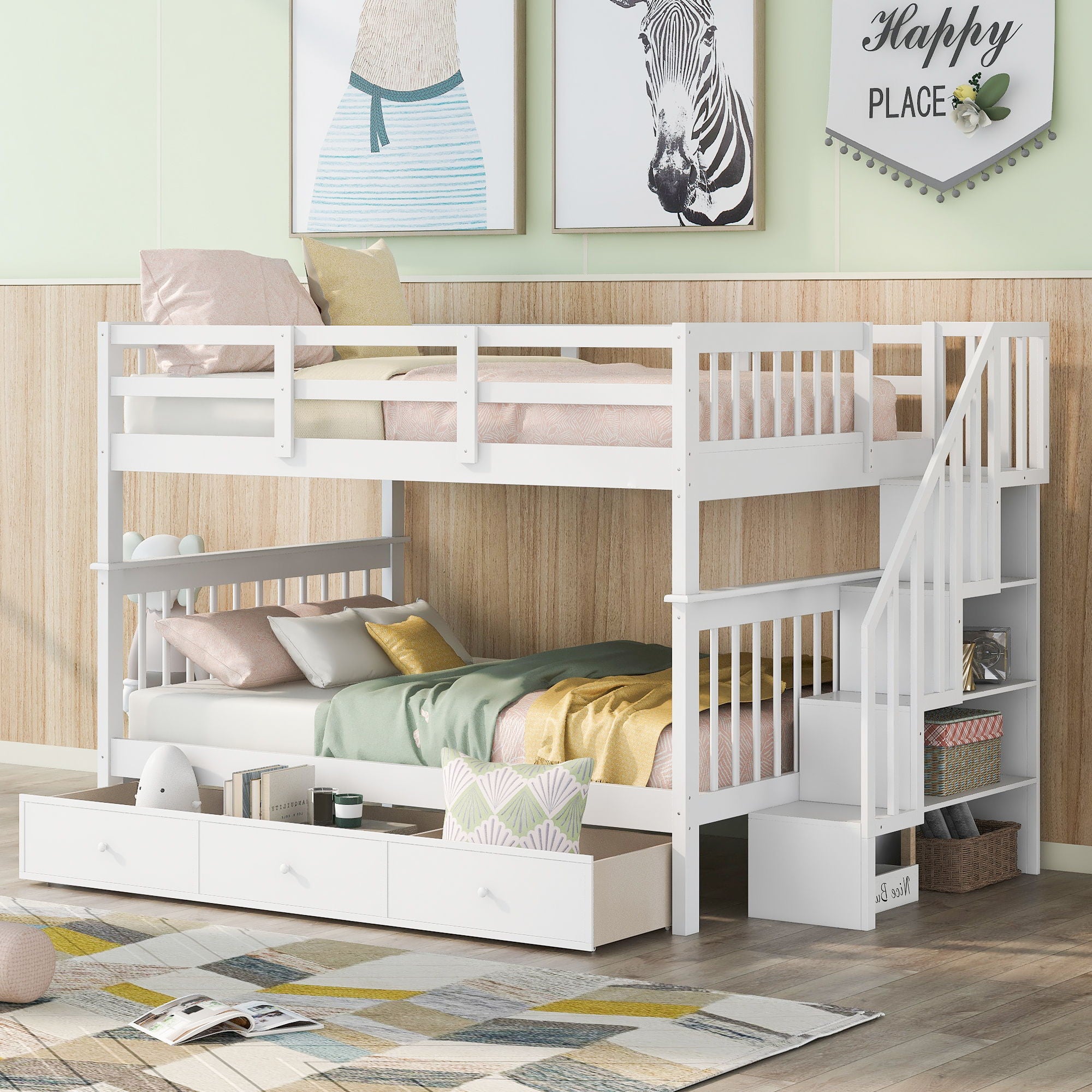 Stairway Bunk Bed With Storage And Guard Rail For Bedroom