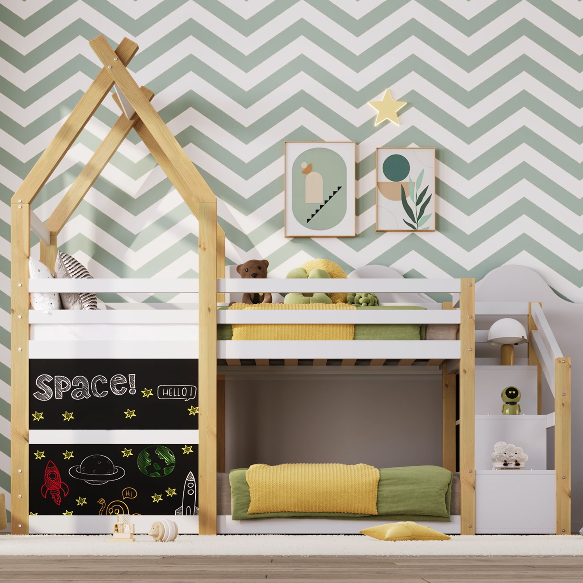 Twin Over Twin House Bunk Bed With White Storage Staircase And 2 Blackboards - White / Natural