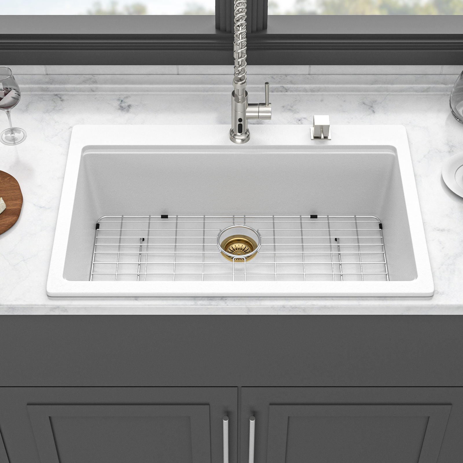 Granite Composite Quartz Kitchen Sink With Workstation Features And Drop In Design