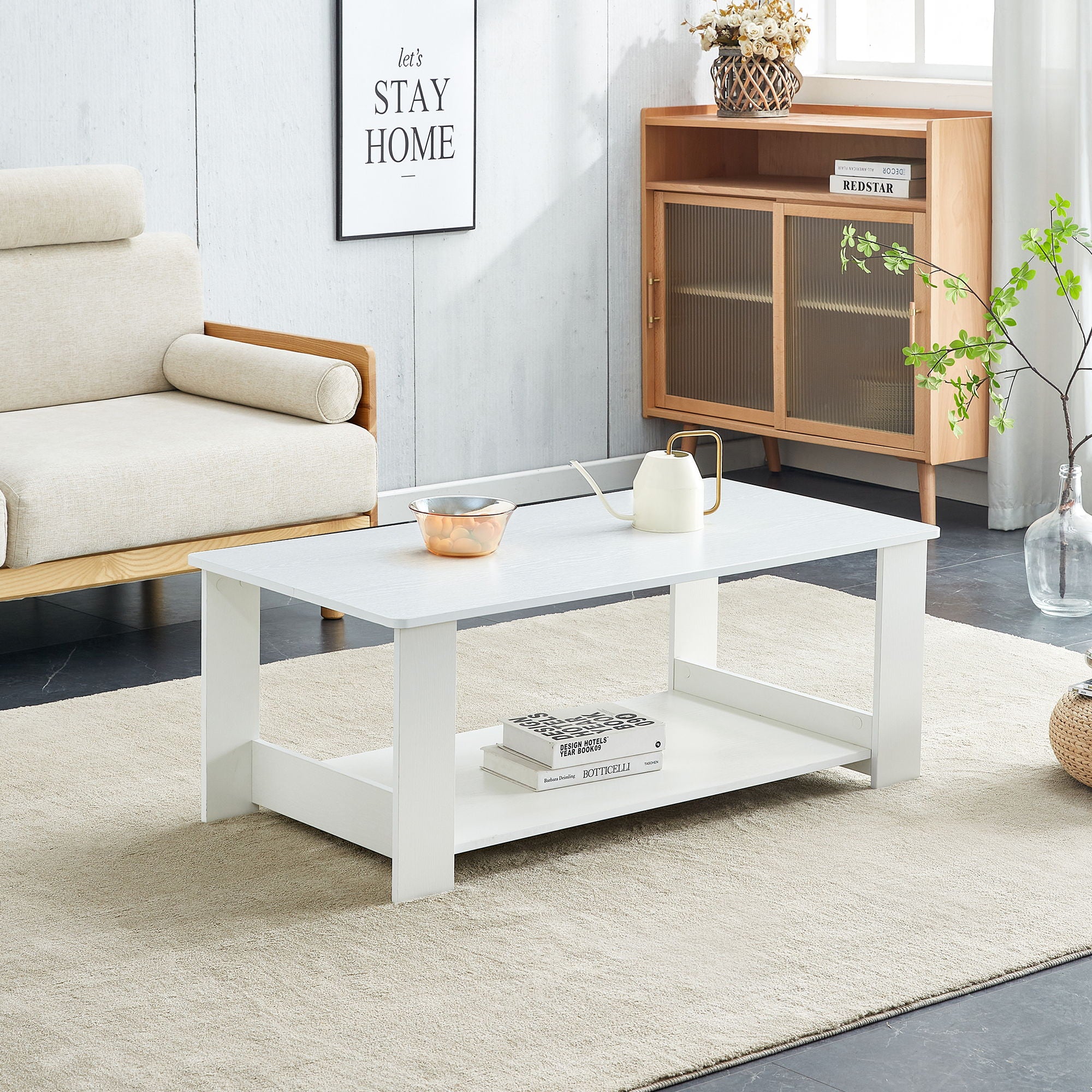 Simple White Textured Coffee Table, Material, Living Room Furniture With Storage Space, Nordic Minimalist Design - White