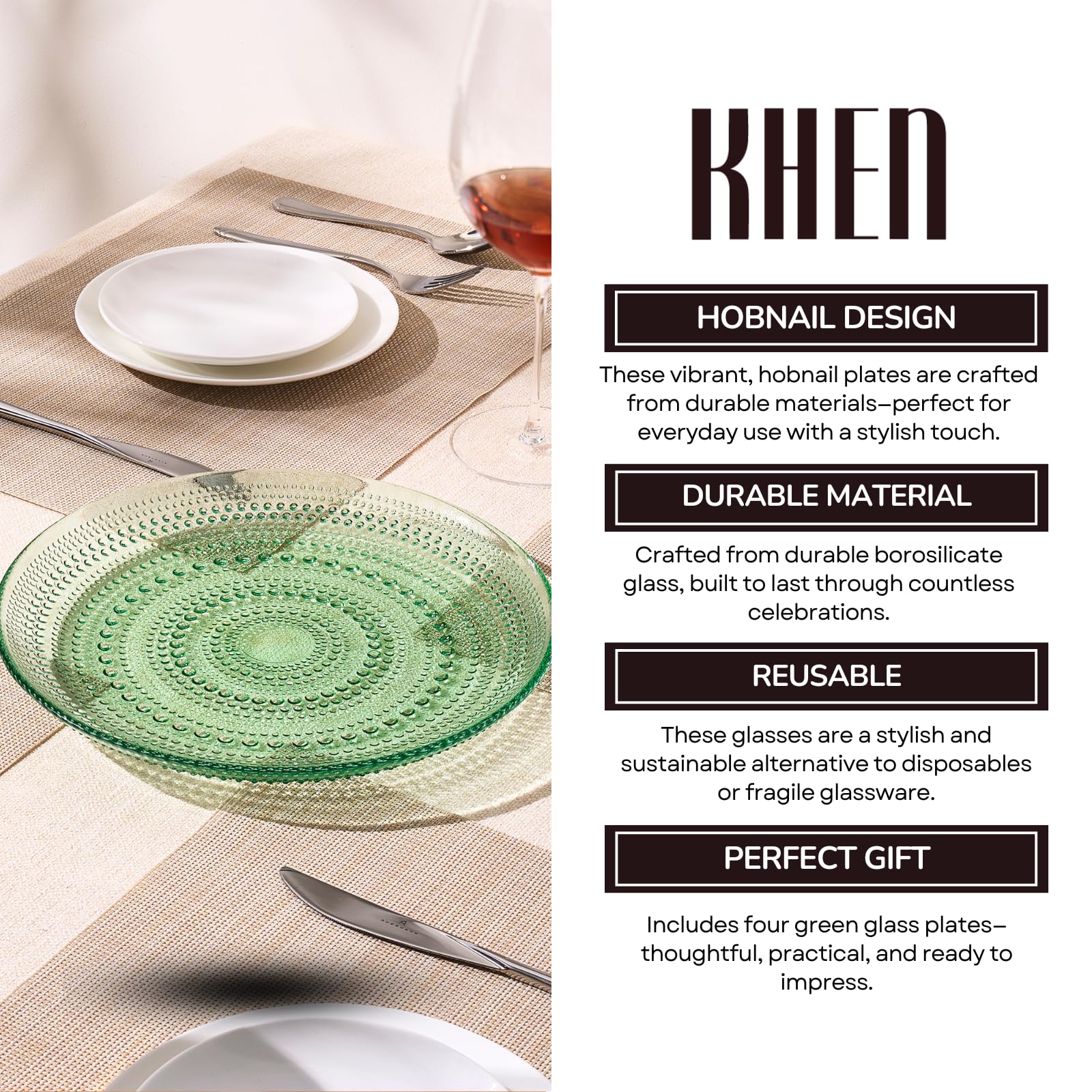 Glass Hobnail Dinner or Charger Plates | Set of 4 | Green