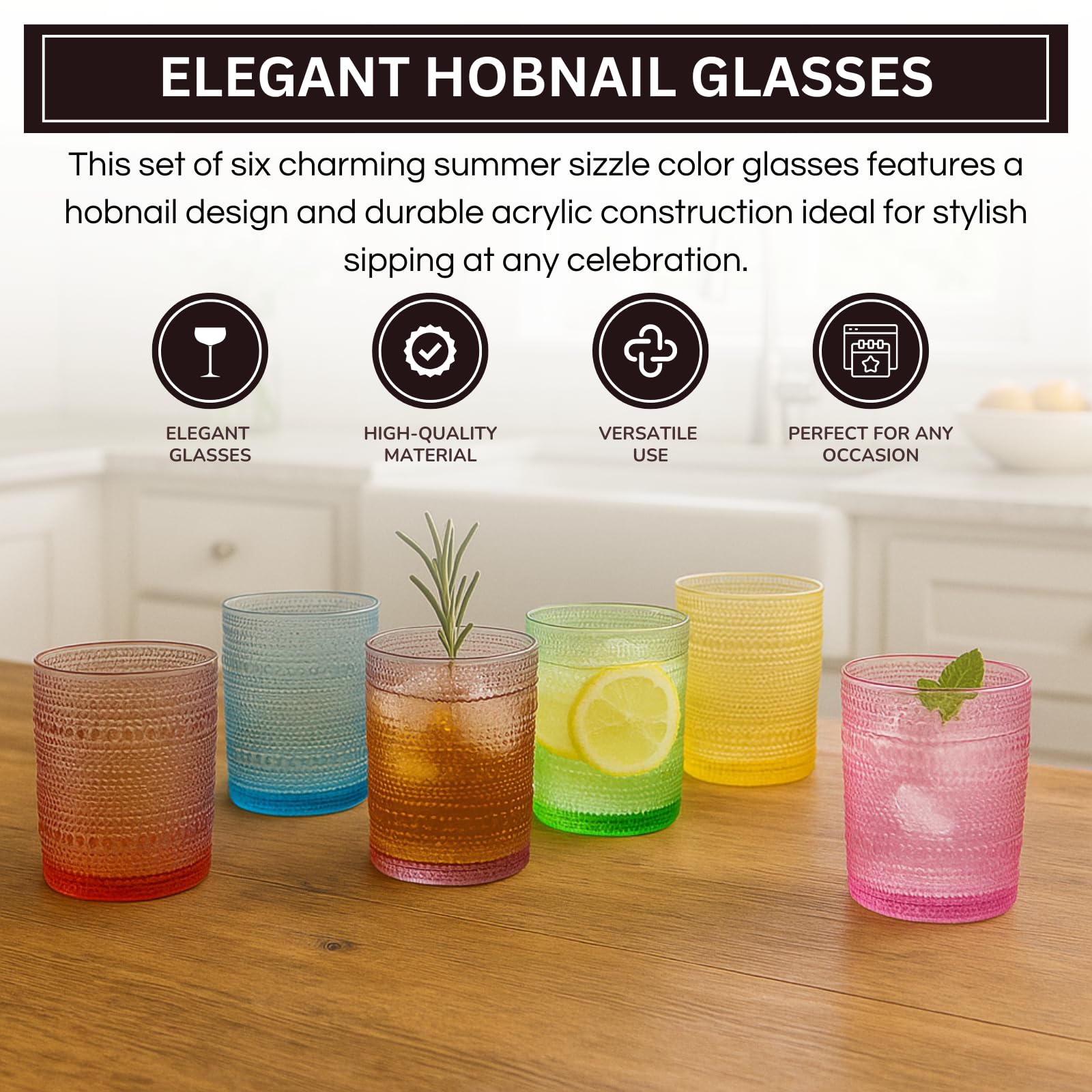 Vibes Hobnail glassware set of 6 Summer colors
