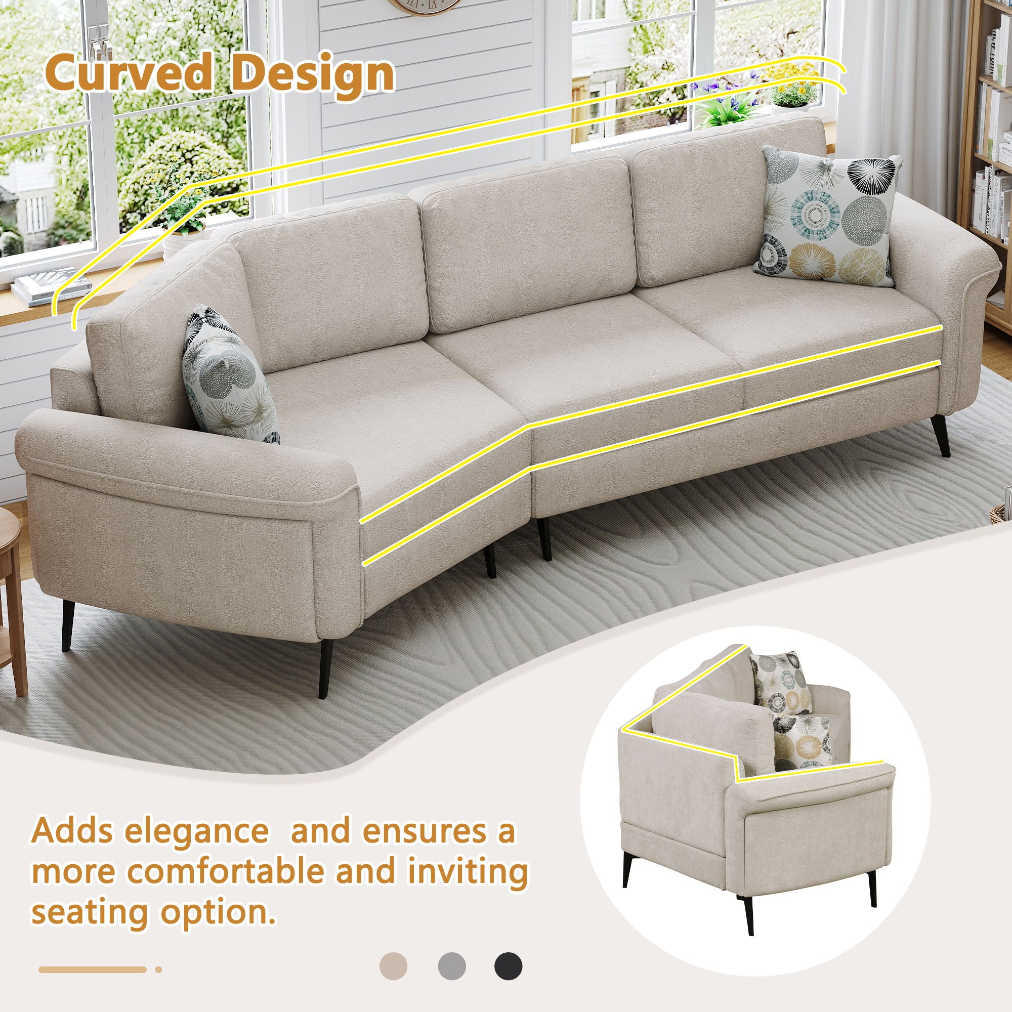 Upholstered 3 Seater Curved Sofa With Printed Pillows Chenille