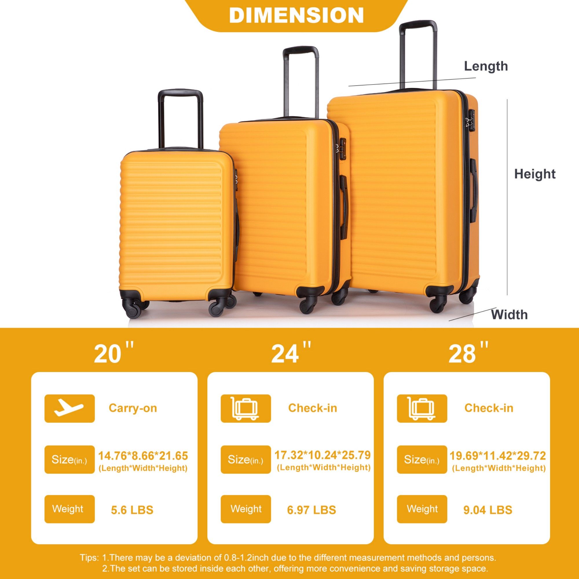 3 Piece Luggage Sets Lightweight Suitcase With Two Hooks, Spinner Wheels, Tsa Lock