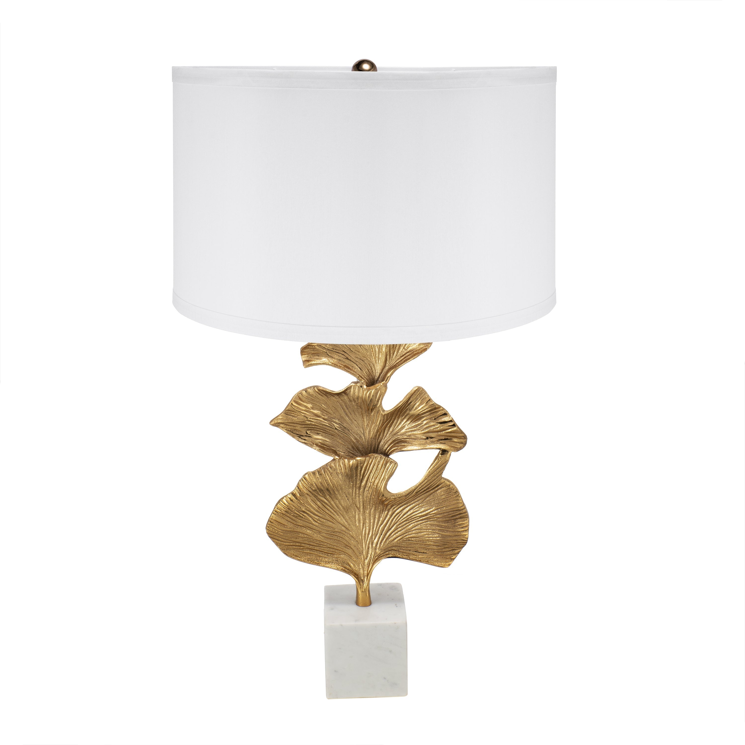 Gold Ginkgo Leaf Table Lamp with Marble Base and White Drum Shade