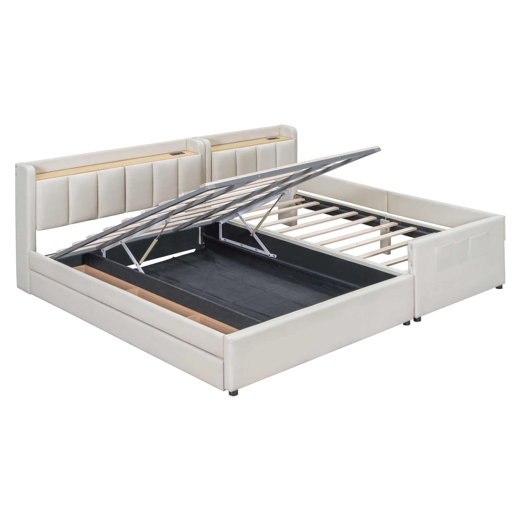 Upholstered Mother & Child Bed With Hydraulic Storage System, Drawer Box, Bedhead Storage Shelf And 2 Pairs Of Sockets & USB Ports