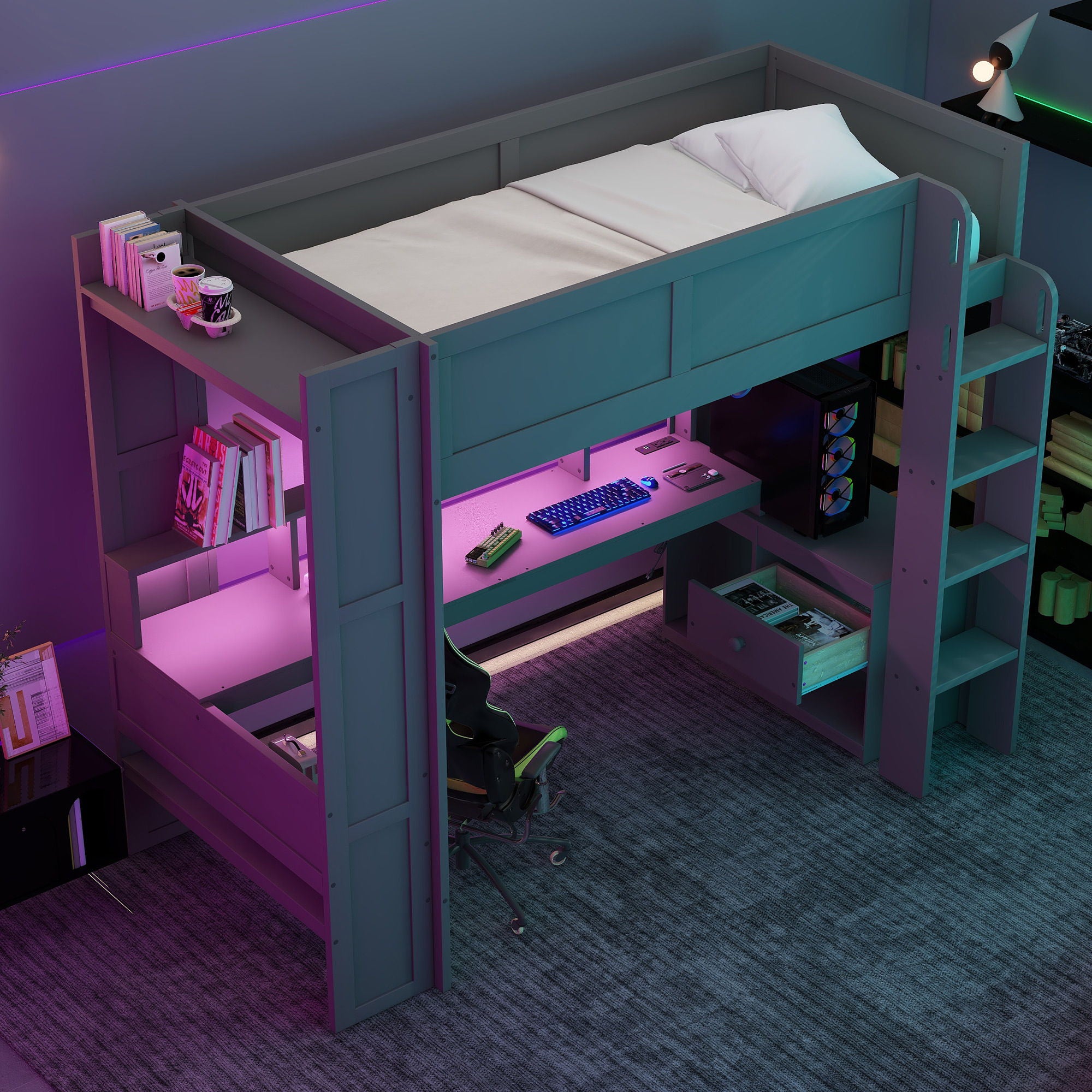 Gaming Loft Bed With Desk, Multi Storage Shelves, LED And Charging Station