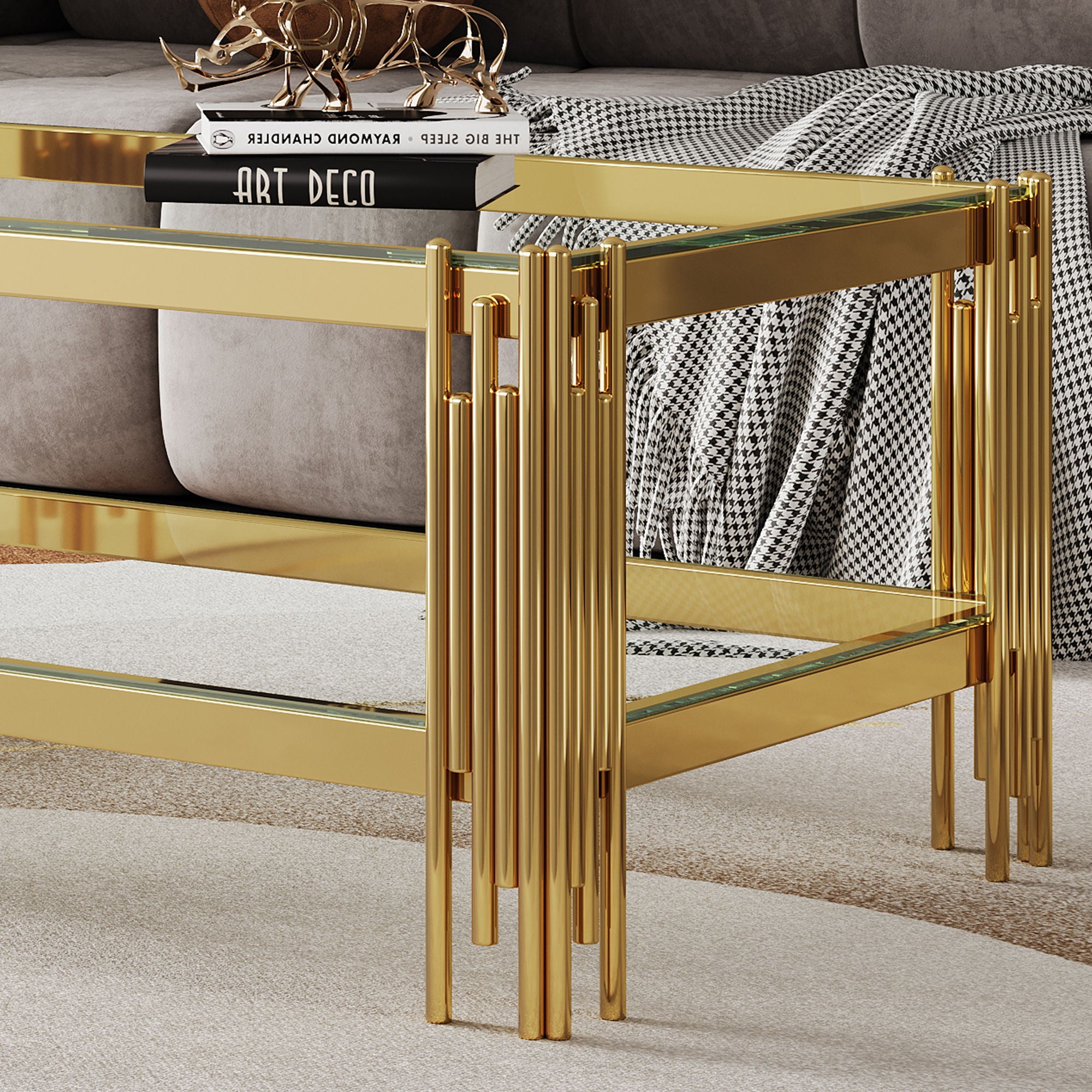 Top And Bottom Double Layer Tempered Glass Table And Mirror Finished Stainless Steel Frame