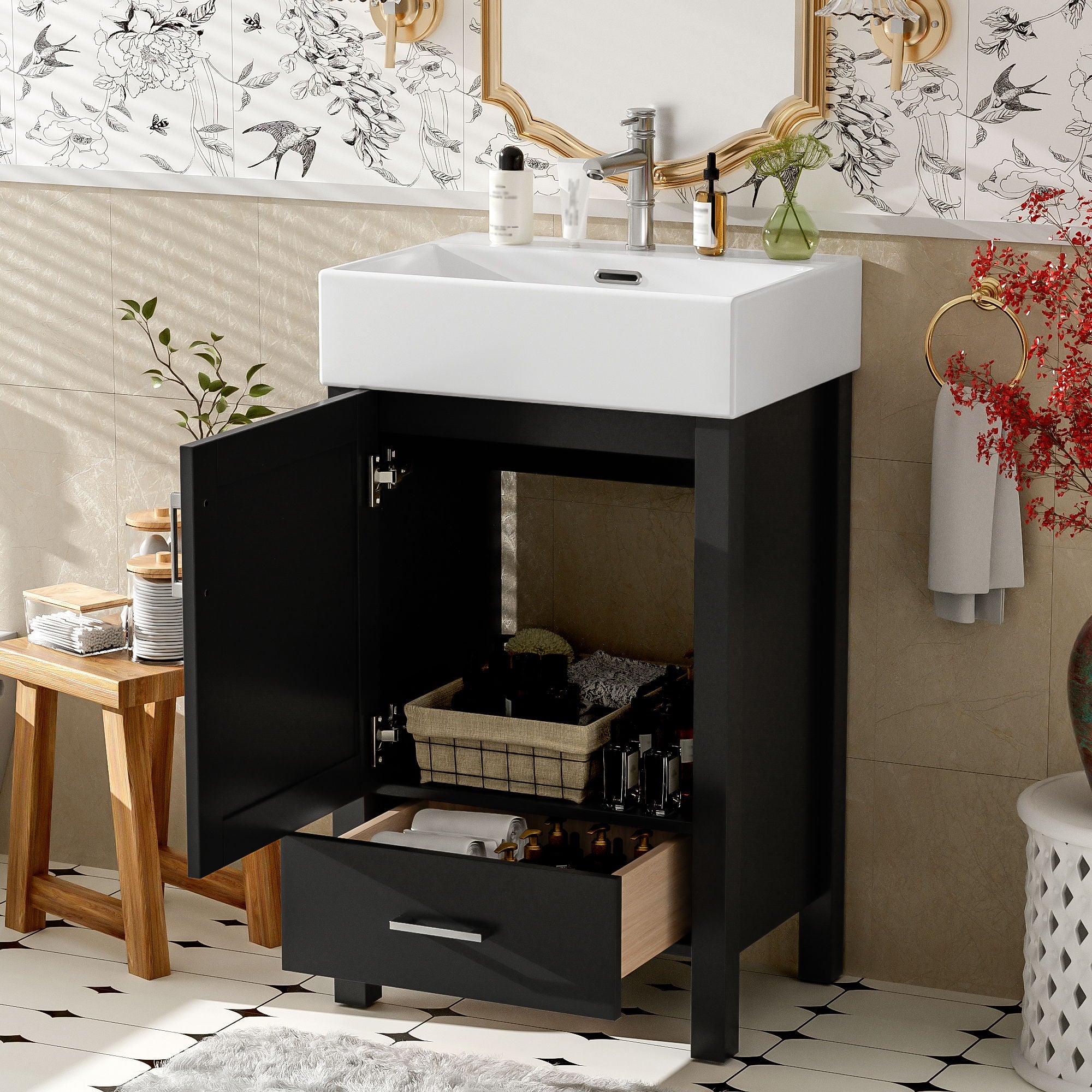 Bathroom Vanity With Sink, Frame And Drawer - Black