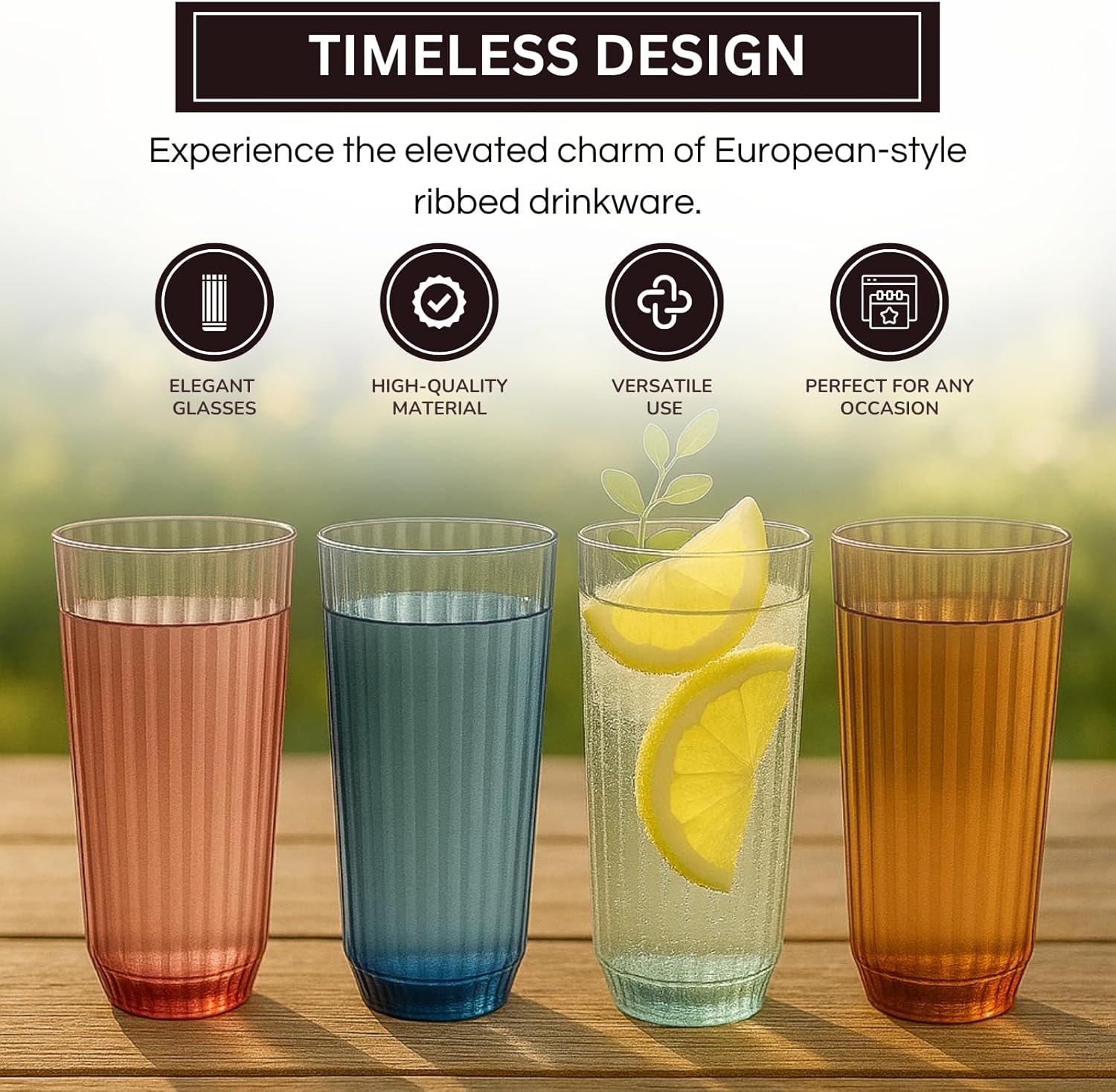 Khen Shatterproof Acrylic Ribbed Drinking Glasses Set, European Style, Dishwasher Safe, Tall | Set of 4 | Muted Tritan Drinkware, Unbreakable BPA-free Plastic, Reusable Stackable Glassware - 12OZ