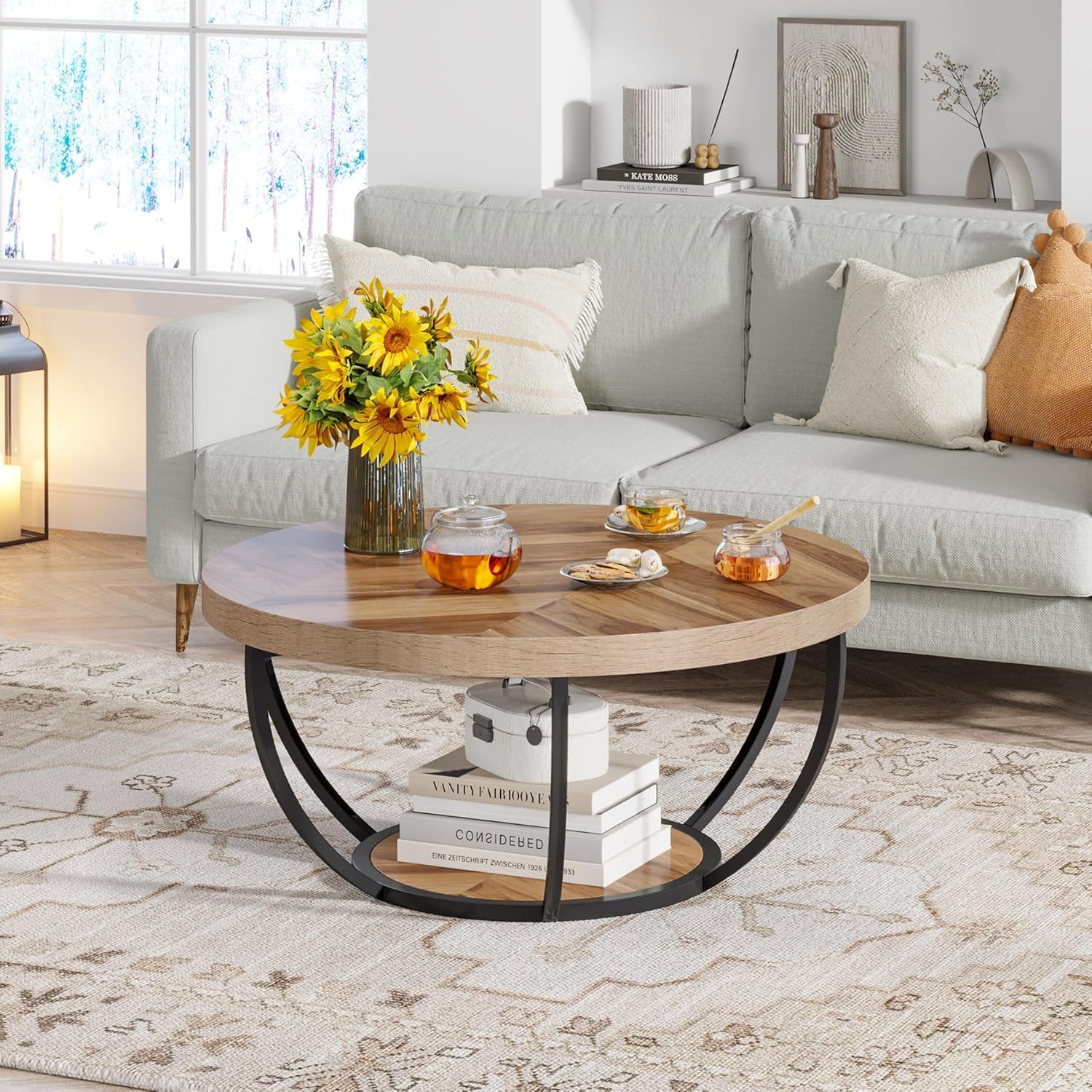 2 Tier Circle Coffee Table With Storage Shelves