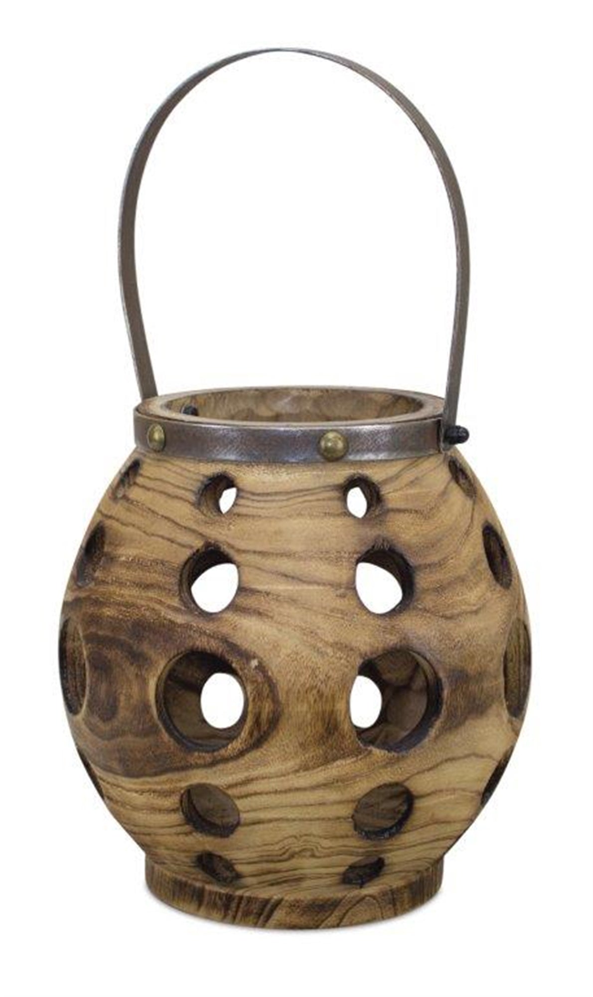 Round wooden lantern with handle 15.7"h