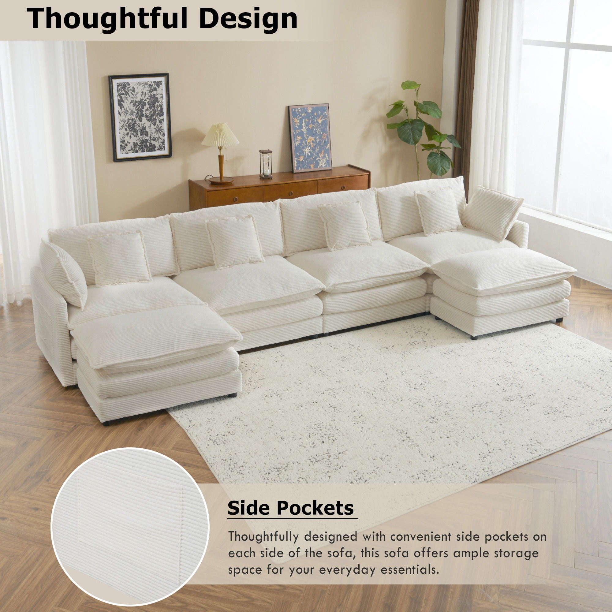Modern Modular Sectional Sofa With Side Storage Pockets For Living Room