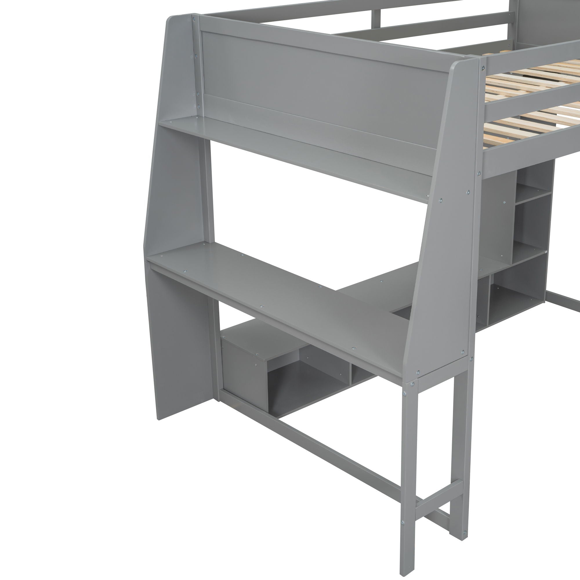 Full Size Gaming Loft Bed With Desk, Multi Storage Shelves, LED Lighting, And Hanging Clothes Rack - Gray