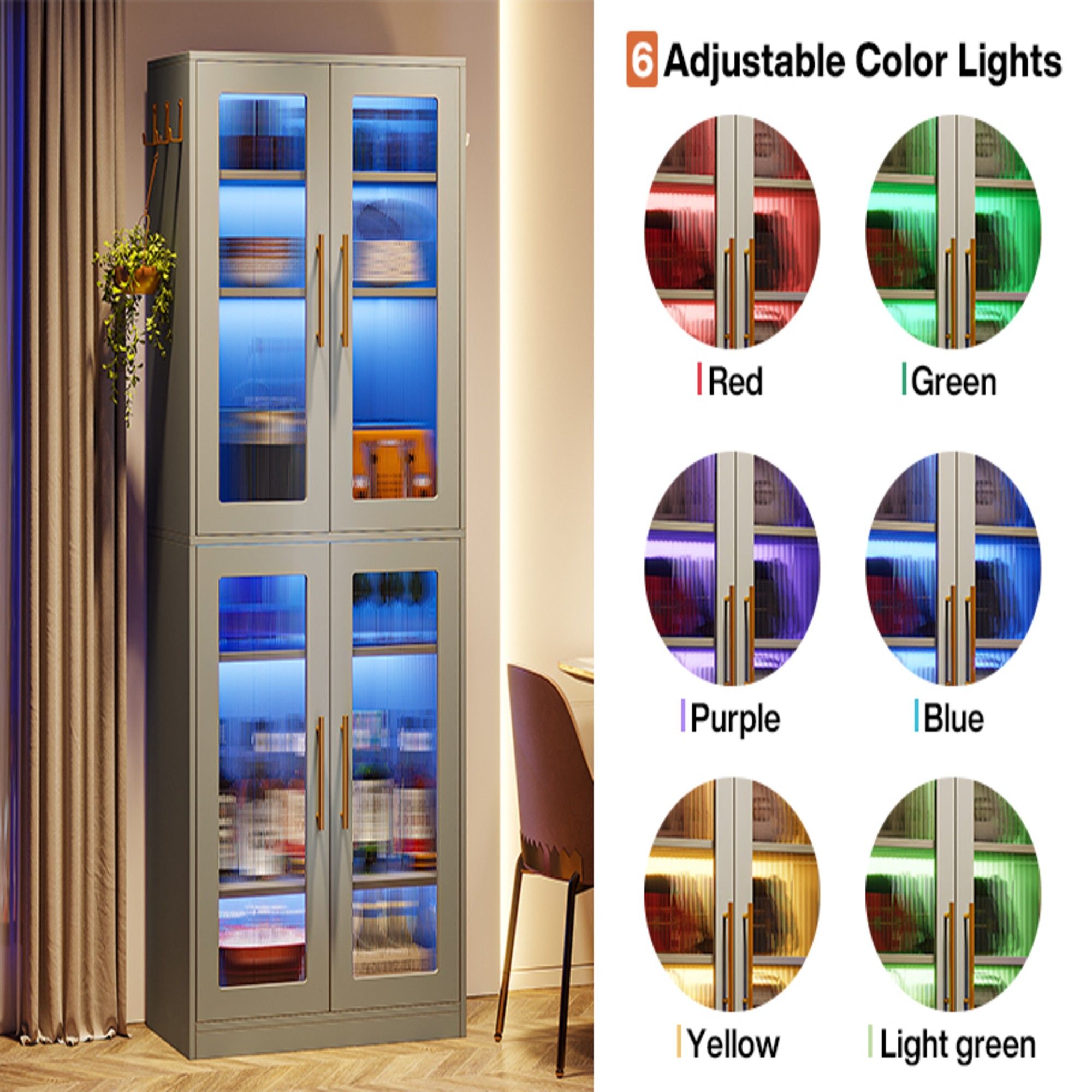 Bookcase With Doors And LED Lighting, 8 Adjustable Shelves Storage Cabinet
