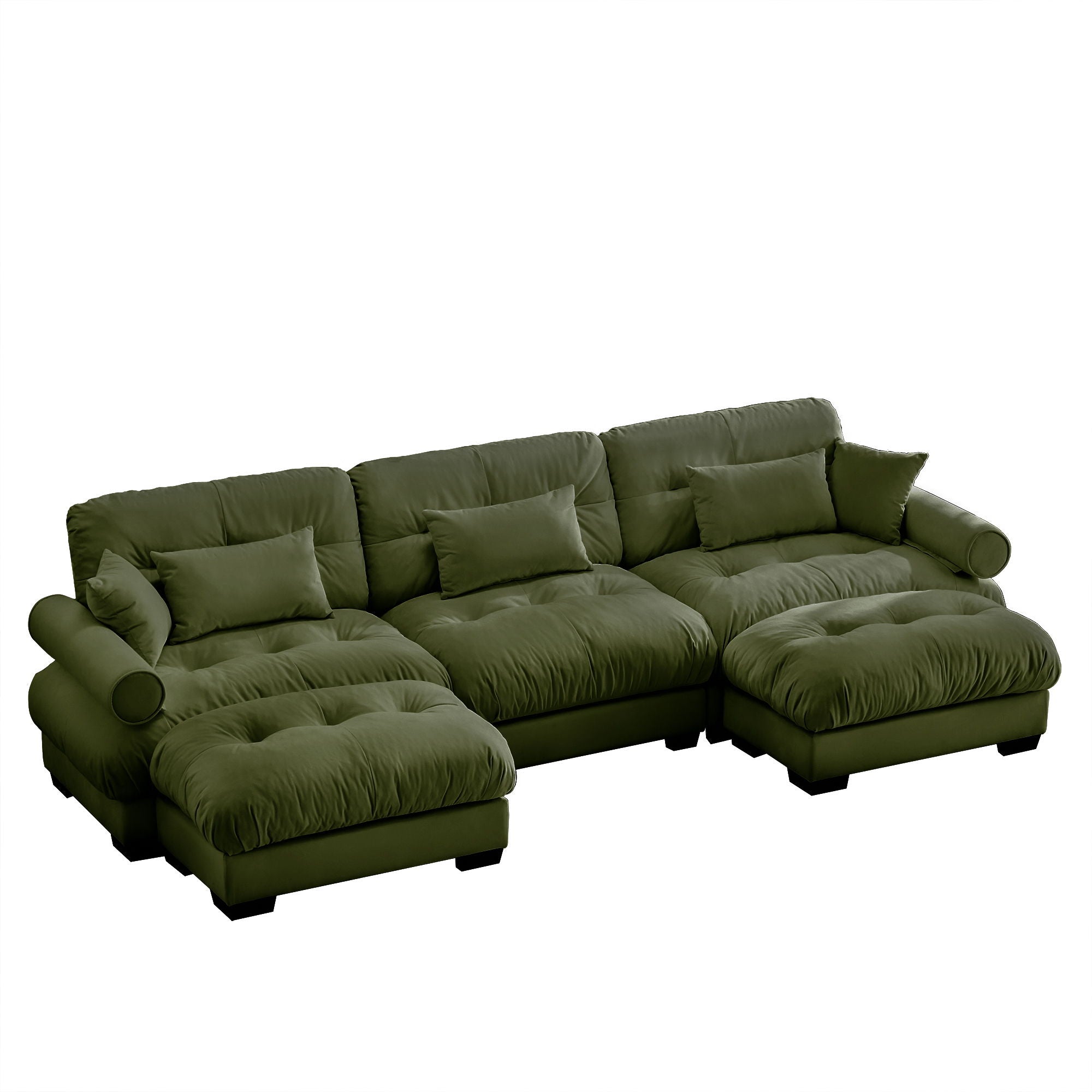 Modern Sectional Sofa With Ottoman, Round Bolster Armrests, Waist And Throw Pillows