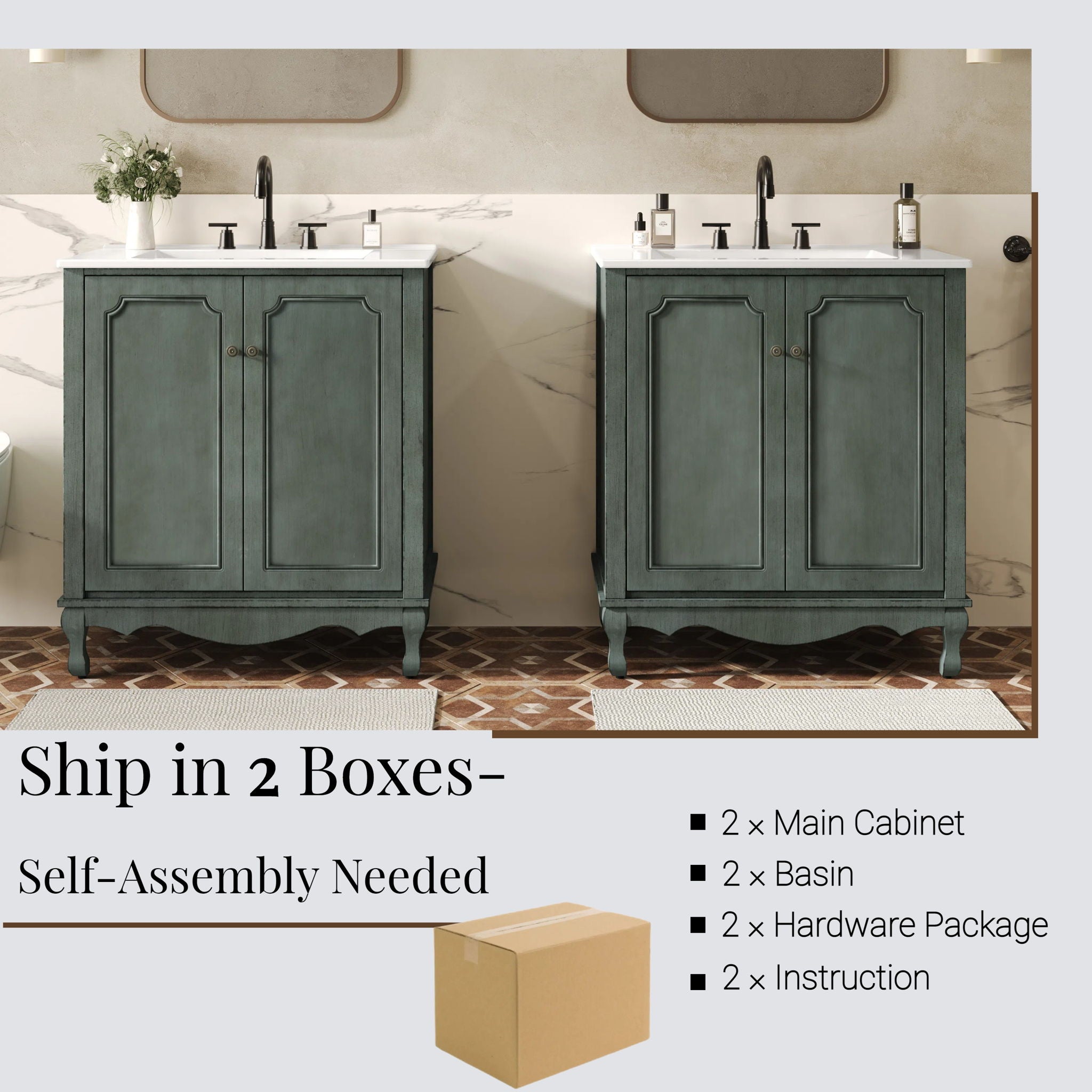 Vintage Double Sink Bathroom Vanity Set With Ceramic Sinks