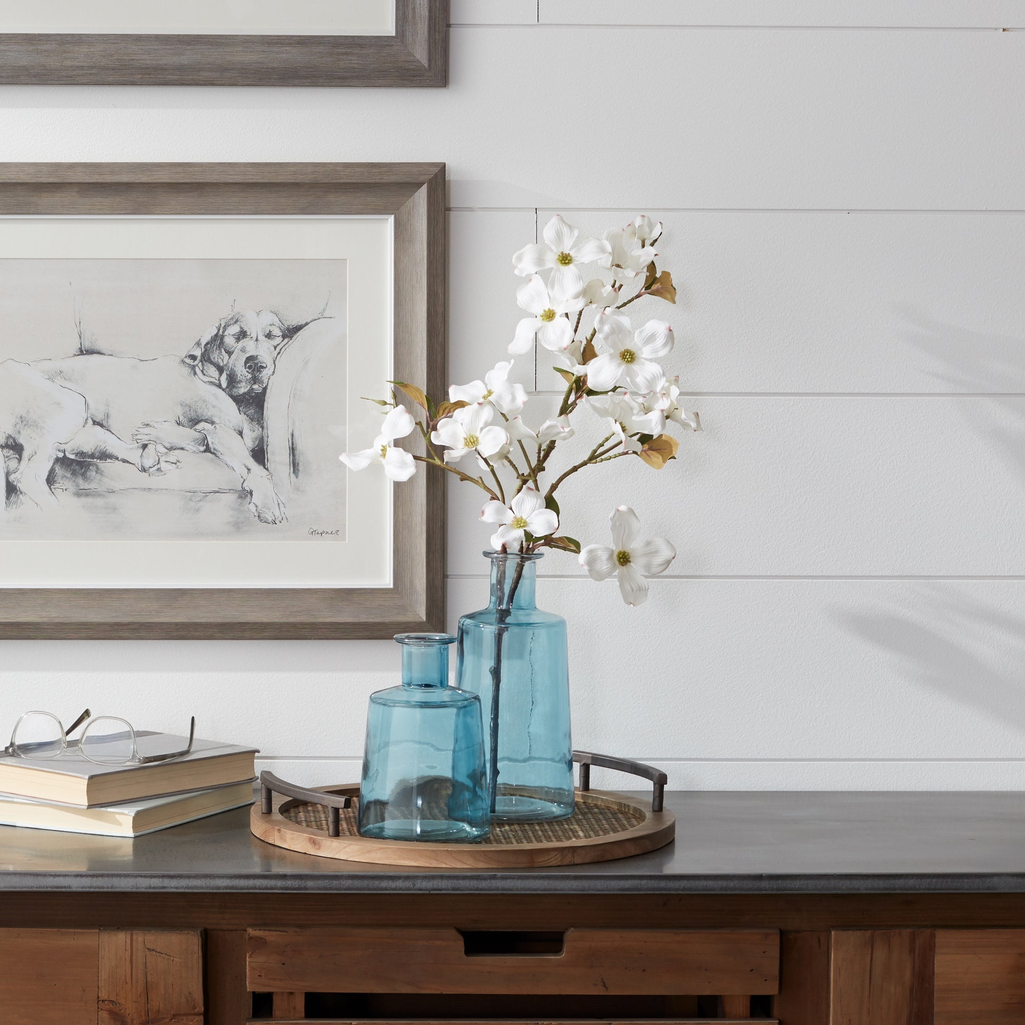 Blue glass tapered bottle vase (set of 2)