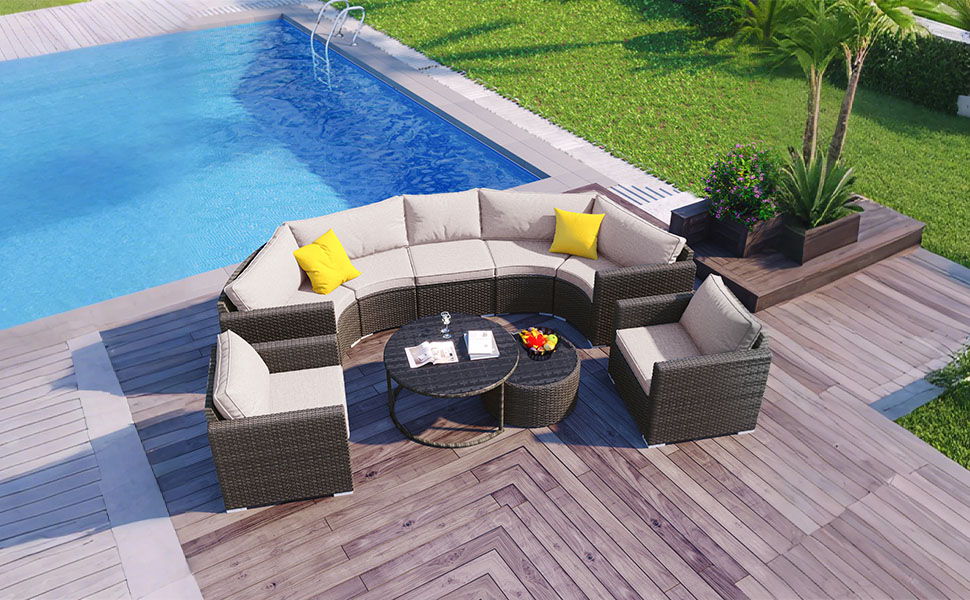 9 Pieces Outdoor Half-Moon Patio Sofa Set, Round Sofa Set, Modern Style Sofa - Brown / Beige