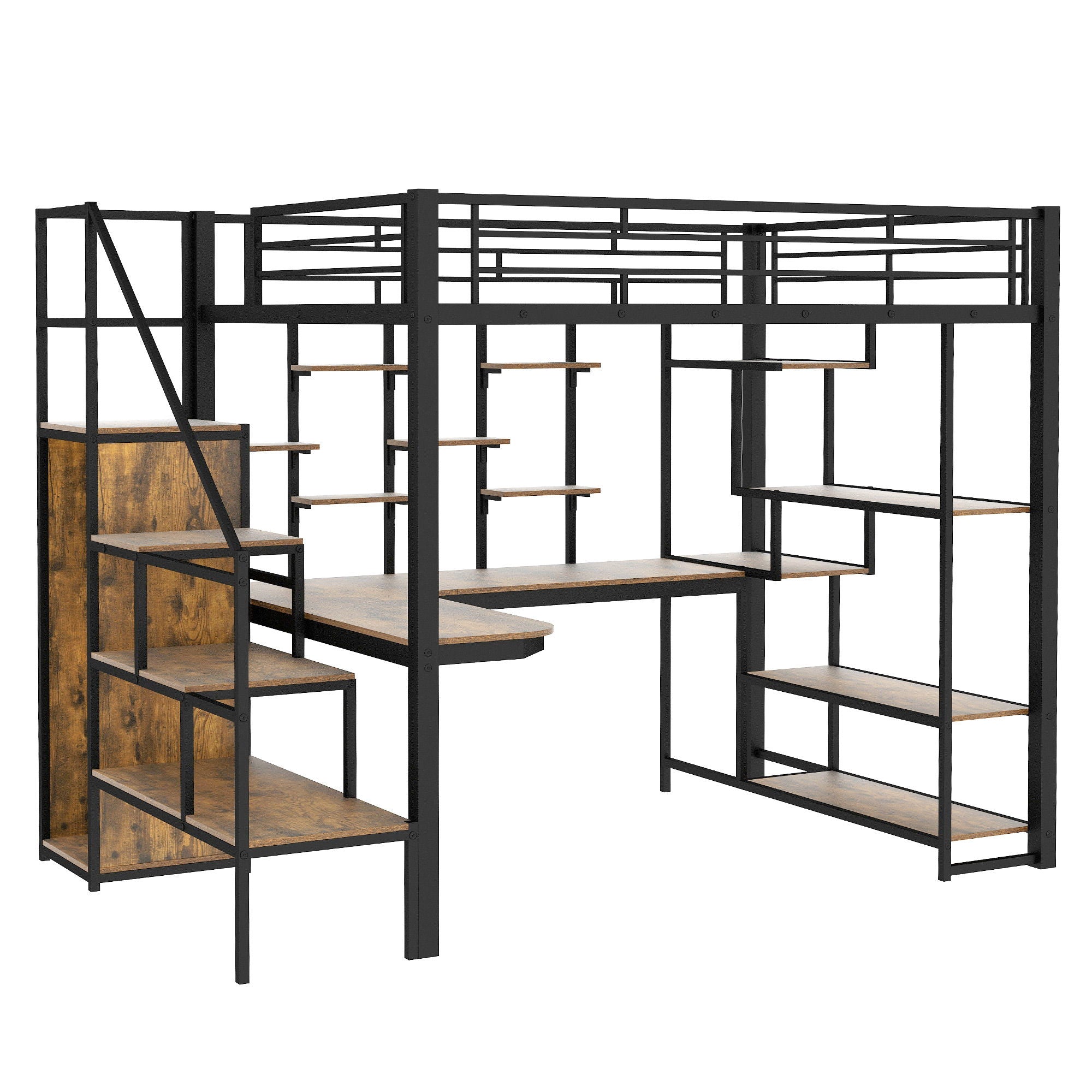 Loft Bed With Storage Staircase And Small Wardrobe, Built - In Desk And Storage Shelves
